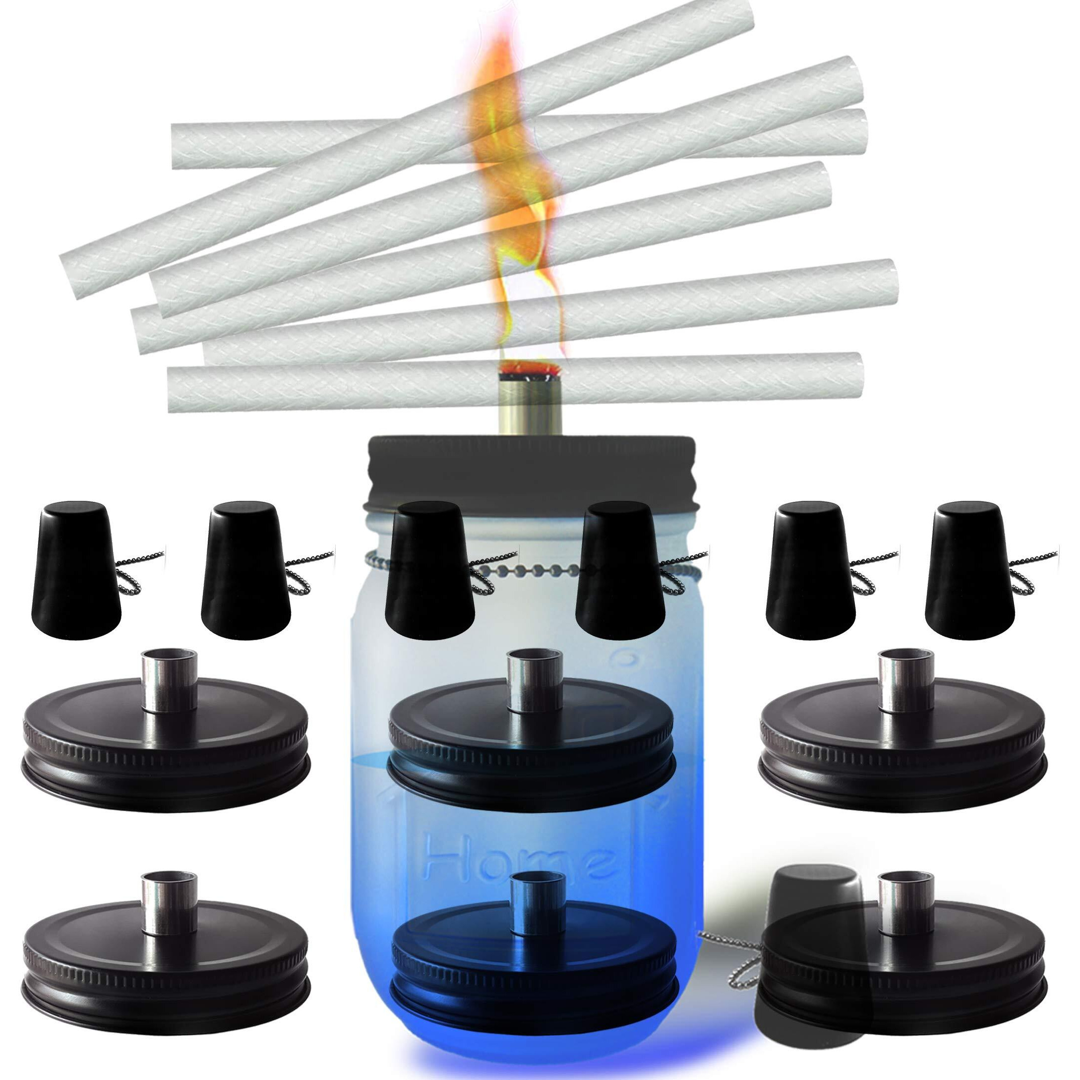 Mason Jar Tabletop Torches Kits,6 Pack Regular Mouth Lids With Protective Tube,Long Life Fiberglass Wicks And Caps,Outdoor Oil Lamp Lights For Patio Garden Camping Decor(Black)