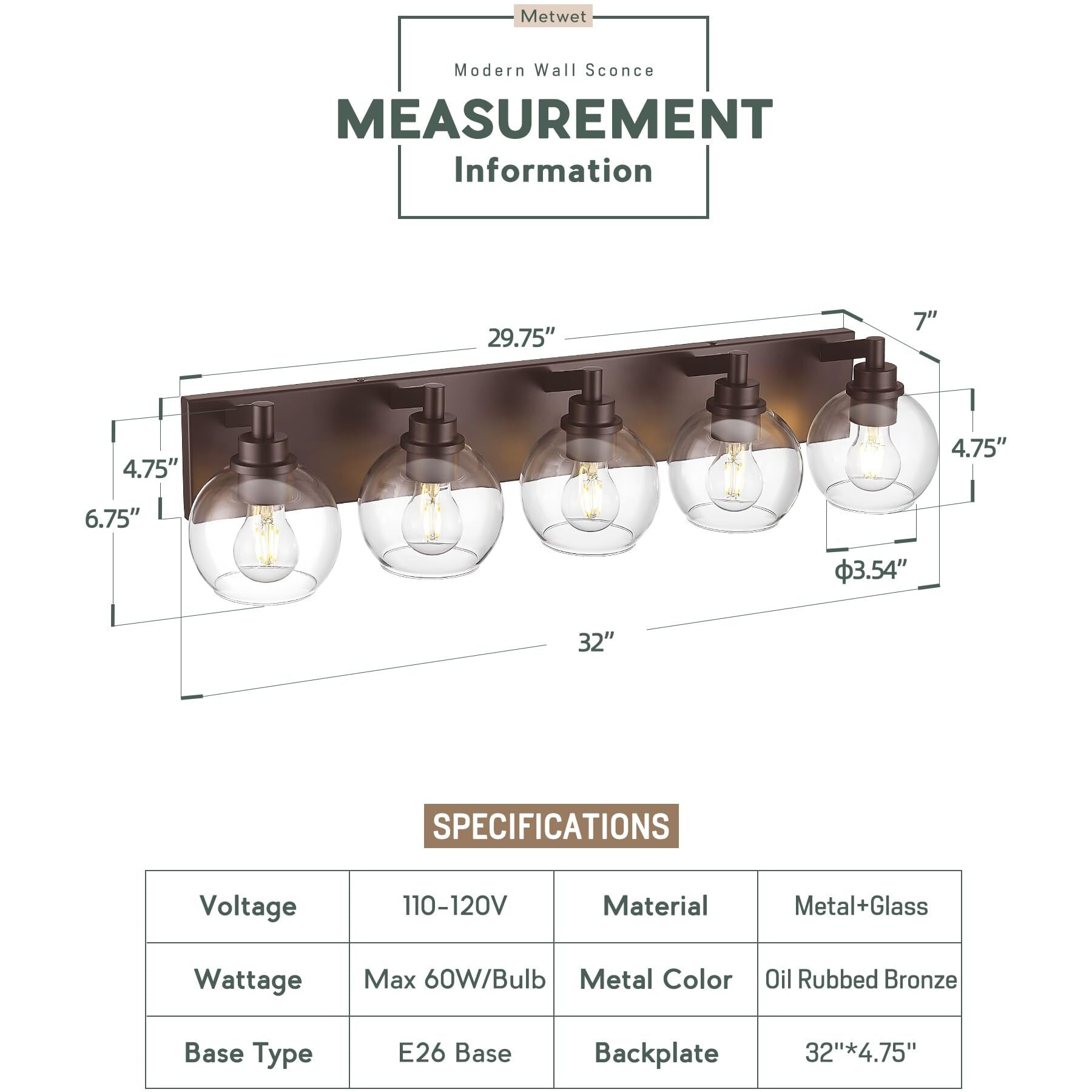 Metwet Bathroom Light Fixtures Over Mirror, 5-Light Oil Rubbed Bronze Bathroom Vanity Light With Globe Clear Glass Shade, 32 Inch Modern Sconces Wall Lighting, Vl195-Orb-5
