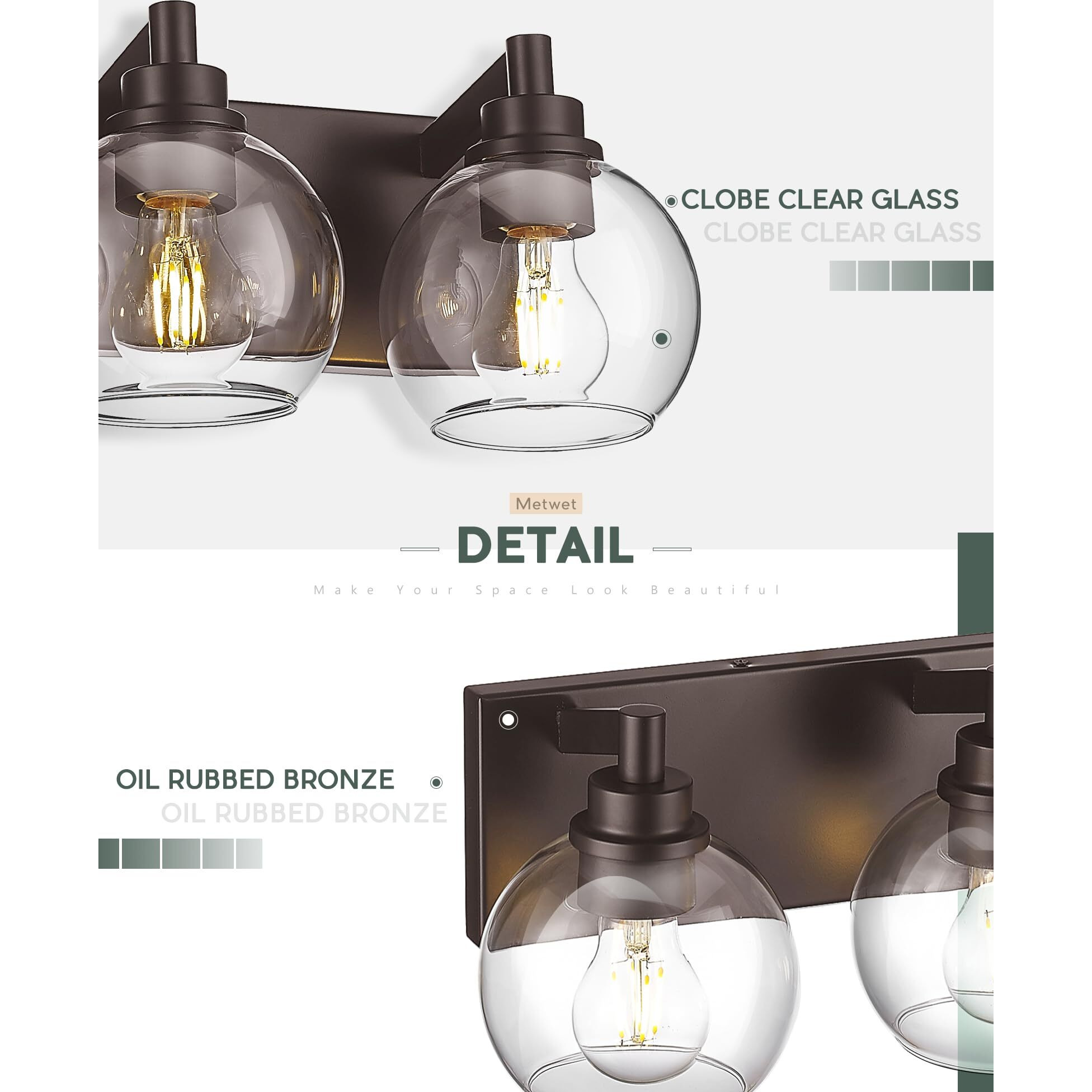 Metwet Bathroom Light Fixtures Over Mirror, 5-Light Oil Rubbed Bronze Bathroom Vanity Light With Globe Clear Glass Shade, 32 Inch Modern Sconces Wall Lighting, Vl195-Orb-5