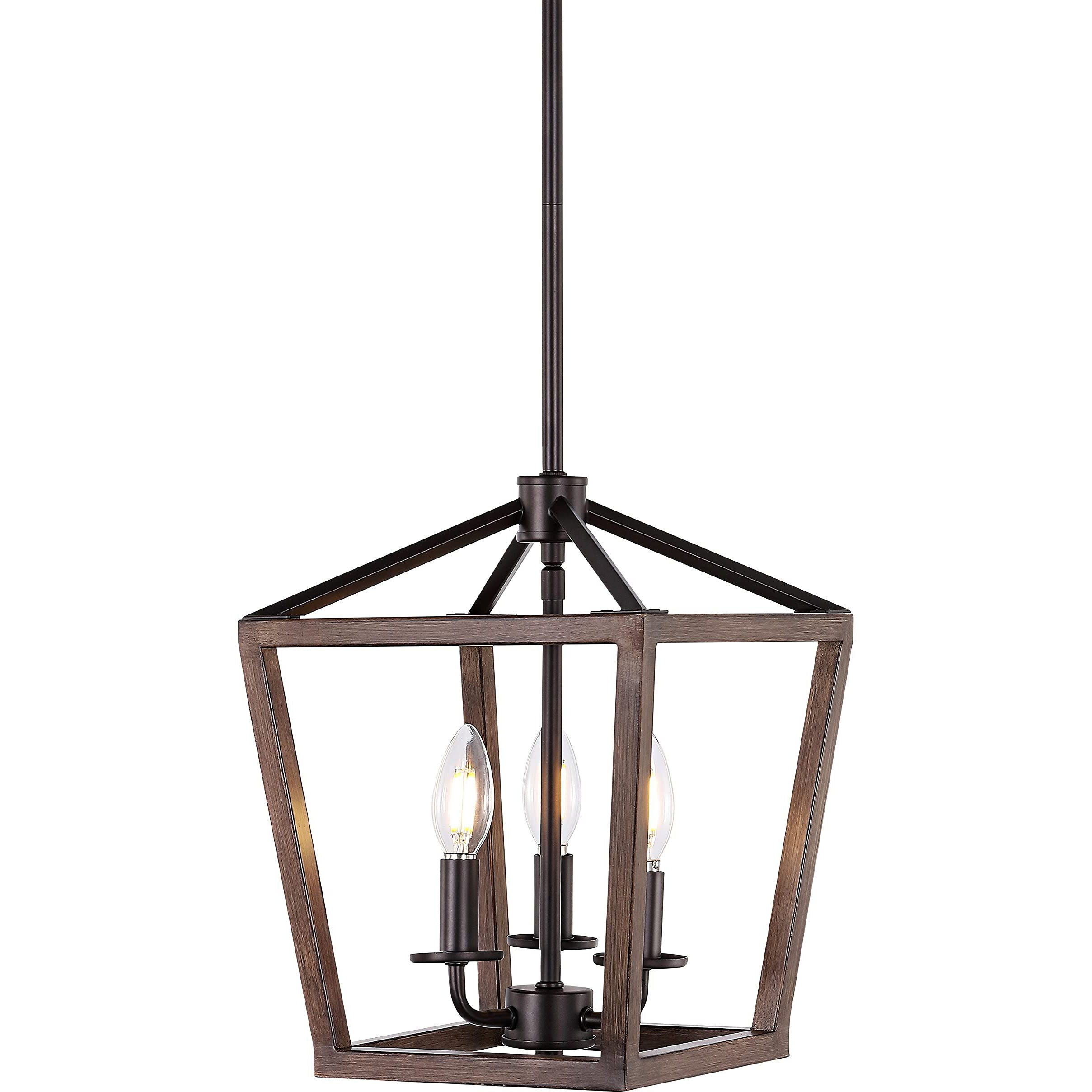 Jonathan Y Jyl1321A Pagoda 10"" 3-Light Iron Farmhouse Industrial Lantern Led Pendant, Rustic, Bohemian, Coastal, For Dining Room, Kitchen, Living Room, Oil Rubbed Bronze/Faux Wood