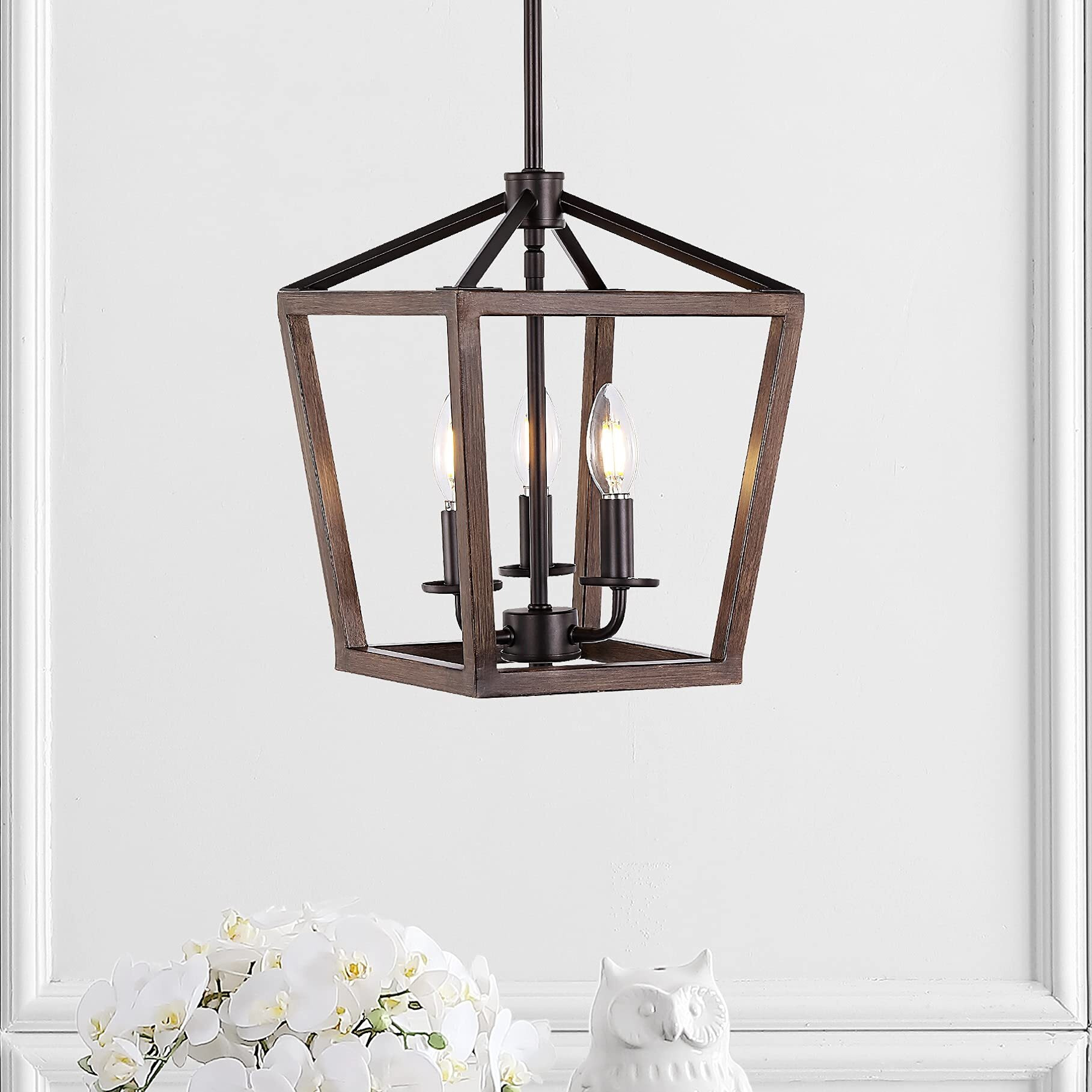 Jonathan Y Jyl1321A Pagoda 10"" 3-Light Iron Farmhouse Industrial Lantern Led Pendant, Rustic, Bohemian, Coastal, For Dining Room, Kitchen, Living Room, Oil Rubbed Bronze/Faux Wood