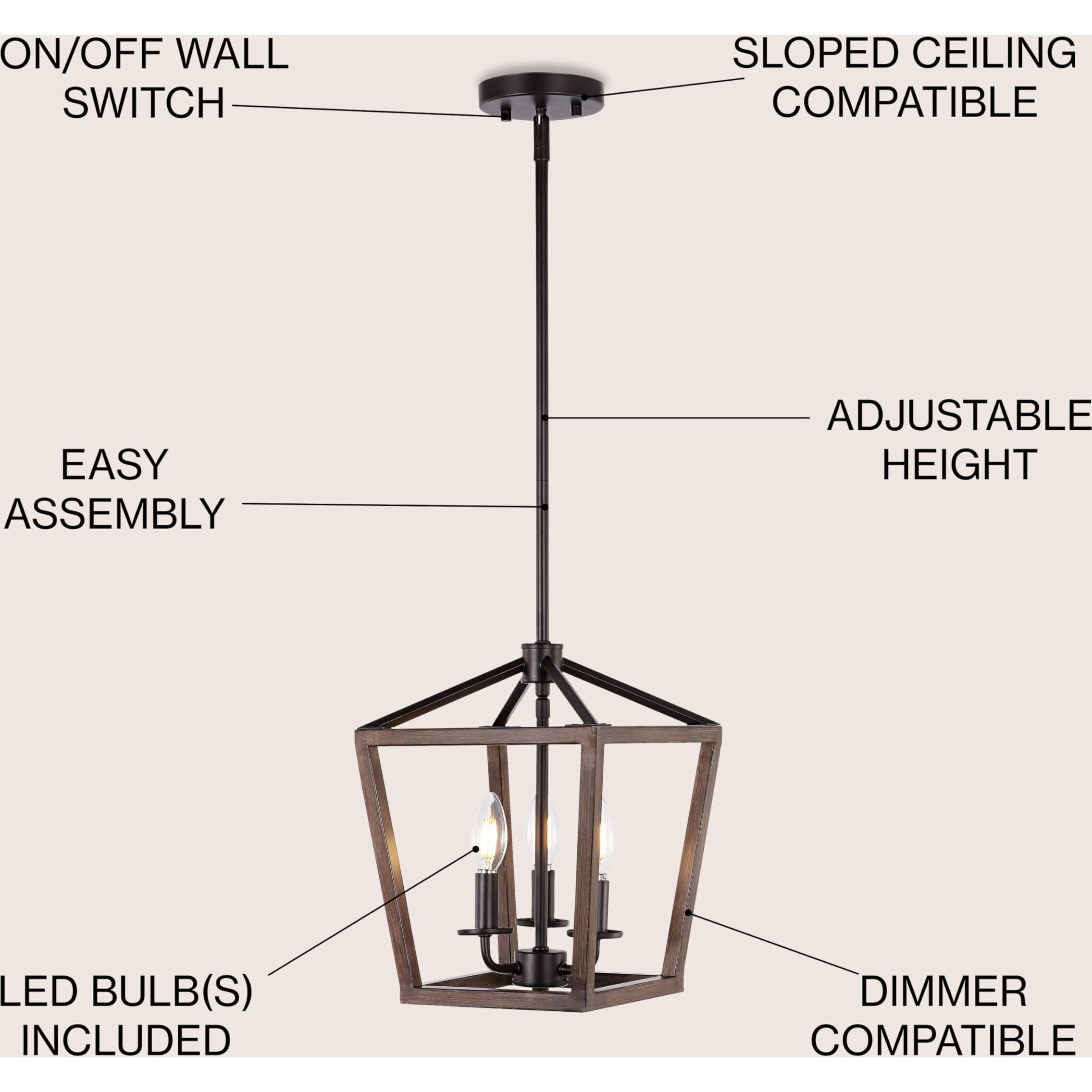 Jonathan Y Jyl1321A Pagoda 10"" 3-Light Iron Farmhouse Industrial Lantern Led Pendant, Rustic, Bohemian, Coastal, For Dining Room, Kitchen, Living Room, Oil Rubbed Bronze/Faux Wood