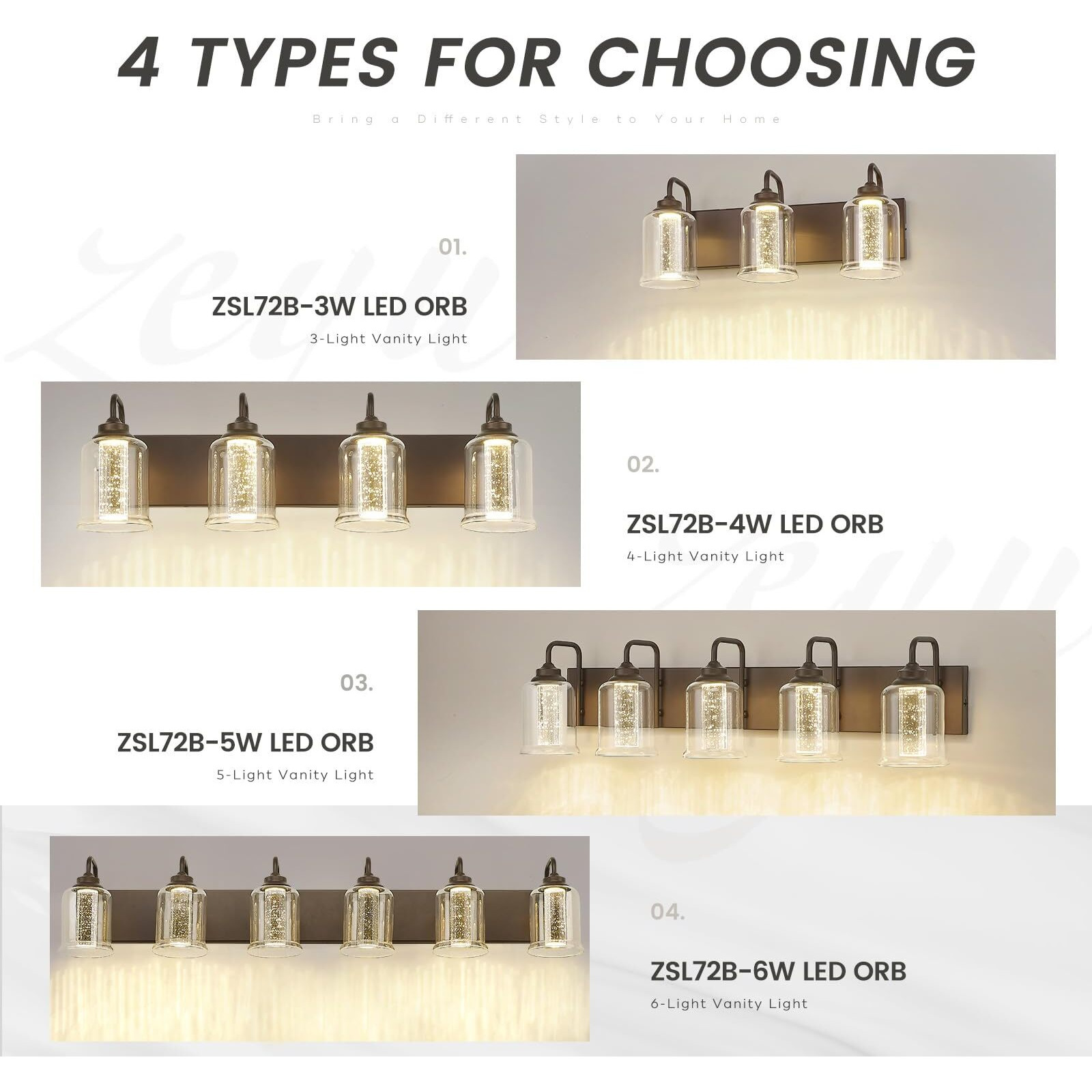 Zeyu 20W Led Vanity Light Bathroom, 4-Light Farmhouse Vanity Lighting Over Mirror With Crystal Bubble And Clear Glass, 5Cct Adjustable, Oil Rubbed Bronze Finish, Zsl72B-4W Led Orb-1
