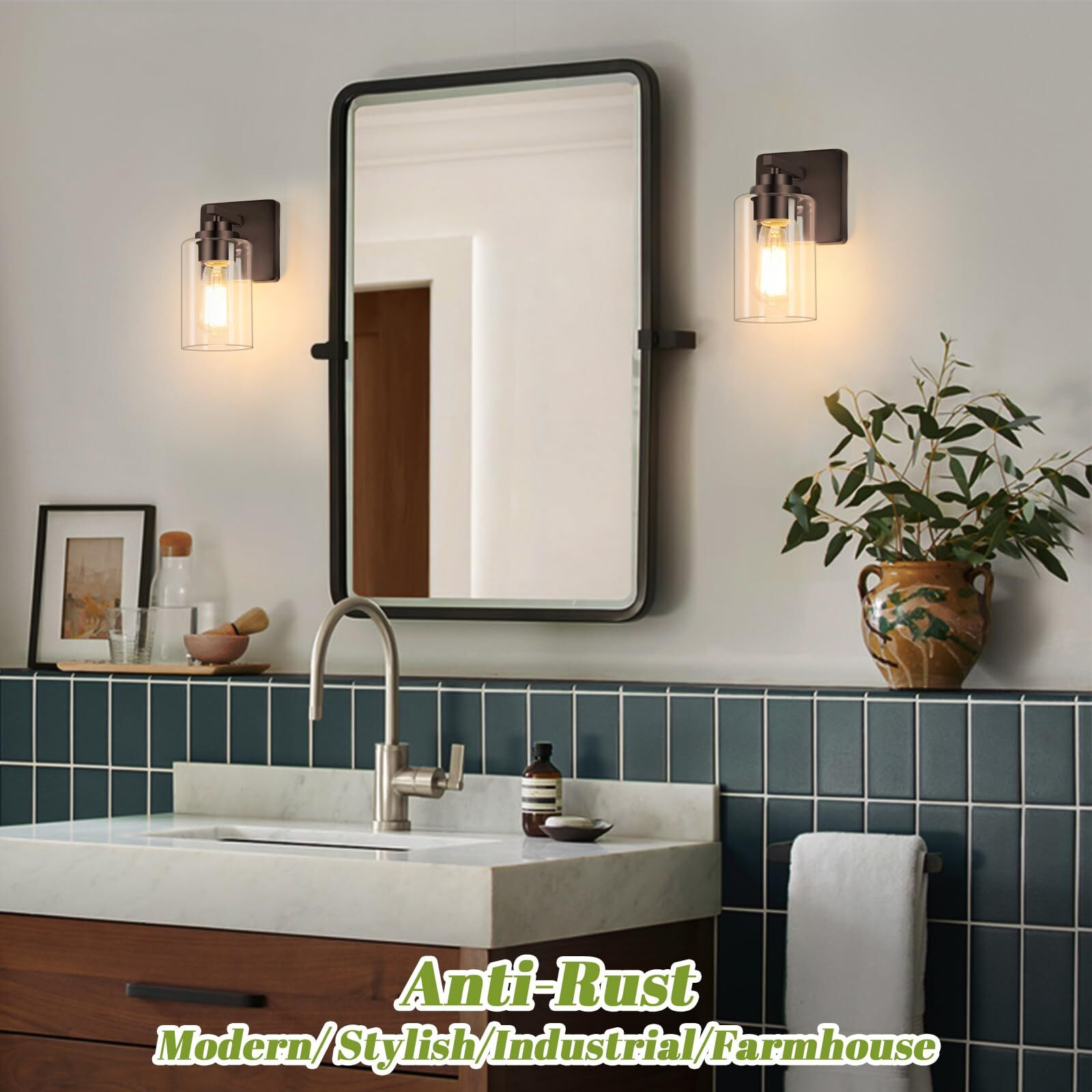 Set Of 2 Wall Sconces For Bathroom, Modern Vanity Light Fixtures, Oil Rubbed Bronze Wall Mount Lighting Lanterns, Farmhouse Wall Lights With Clear Glass Shade For Bedroom Living Room Mirror Hallway