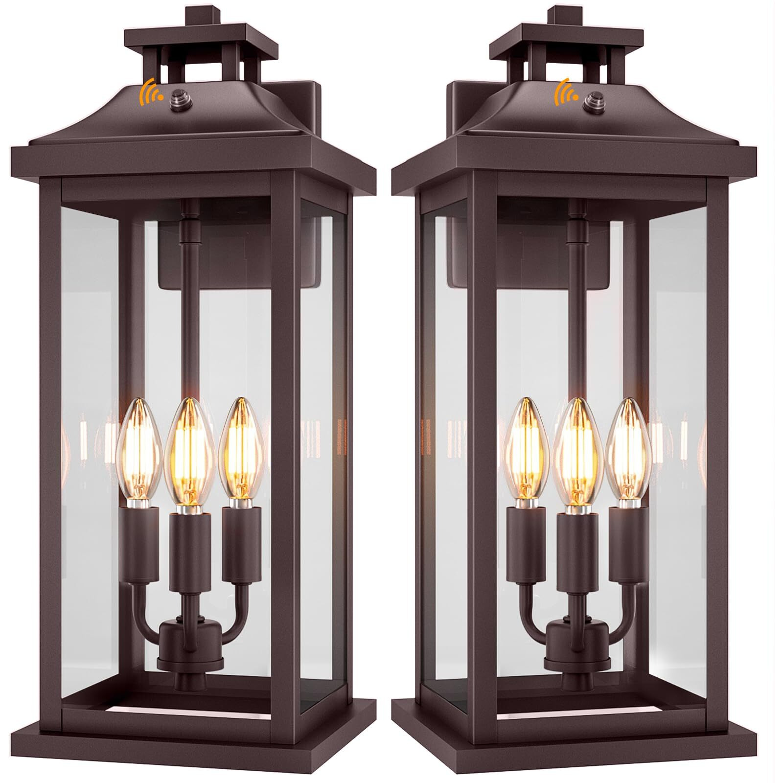 Venzblomia Oil Rubbed Bronze Dusk To Dawn Outside Lights 3-Light, 20"" 2 Pack Porch Wall Mount Light Fixtures Large Brown Photocell Sensor Outdoor Wall Lanterns, Vintage Exterior Sconce Lamps E12
