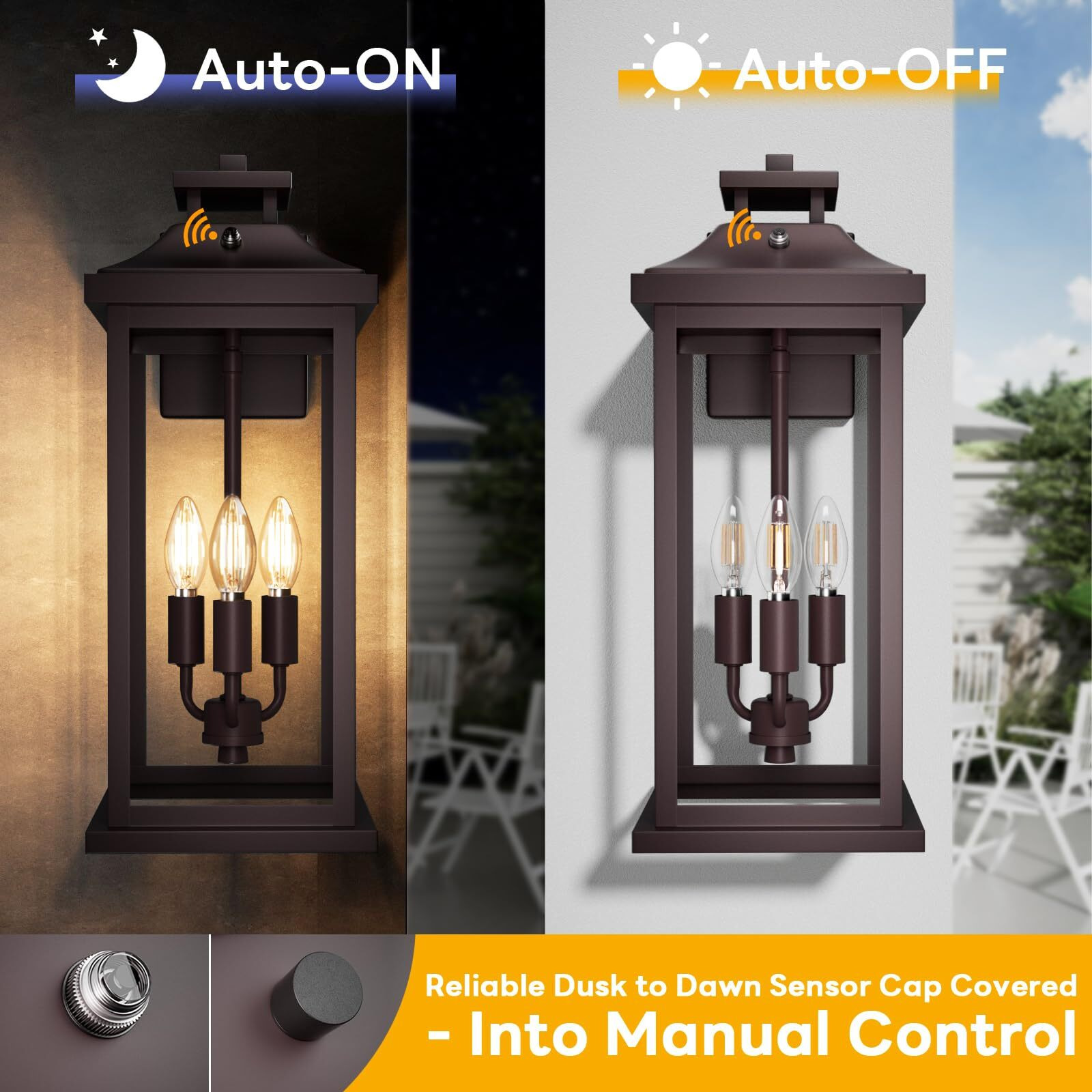 Venzblomia Oil Rubbed Bronze Dusk To Dawn Outside Lights 3-Light, 20"" 2 Pack Porch Wall Mount Light Fixtures Large Brown Photocell Sensor Outdoor Wall Lanterns, Vintage Exterior Sconce Lamps E12