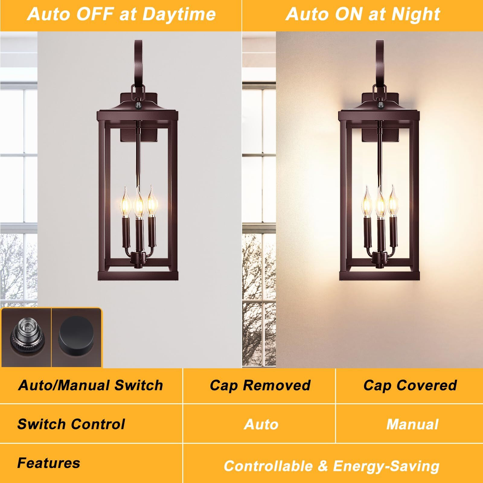 Yolsunes 2 Packs 24"" Extra Large Dusk To Dawn Light Fixture 3-Light, Oil Rubbed Bronze Outdoor Porch Lantern Wall Mounted, Waterproof Modern Outside Wall Sconce Brown Lamp For House, E12