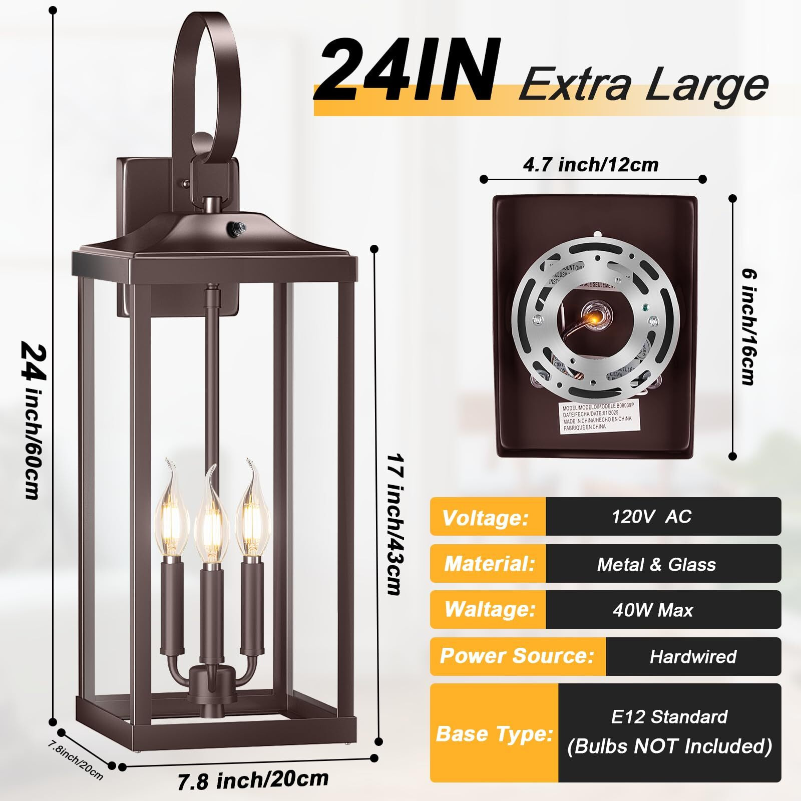 Yolsunes 2 Packs 24"" Extra Large Dusk To Dawn Light Fixture 3-Light, Oil Rubbed Bronze Outdoor Porch Lantern Wall Mounted, Waterproof Modern Outside Wall Sconce Brown Lamp For House, E12