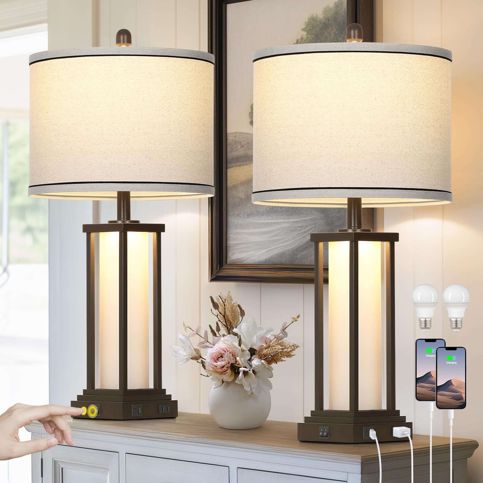 Cinkeda 27"" Tall Vintage Table Lamps With Usb C+A & Outlet,Brown End Table Lamp Set Of 2 For Living Room,Rustic Bedside Lamps With Frosted Glass Night Light For Bedroom Nightstand,Oil-Rubbed Bronze