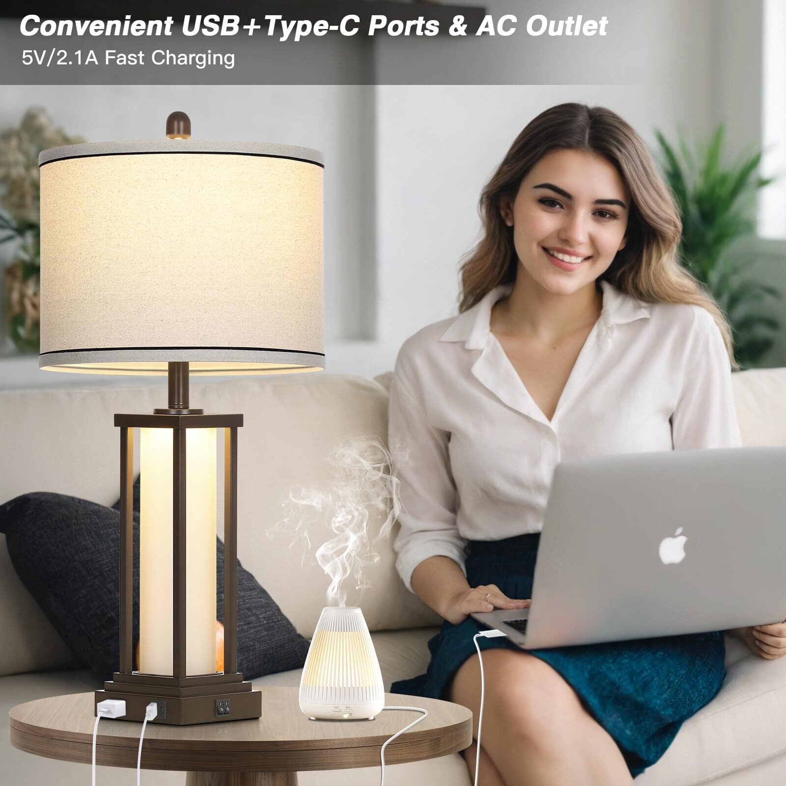 Cinkeda 27"" Tall Vintage Table Lamps With Usb C+A & Outlet,Brown End Table Lamp Set Of 2 For Living Room,Rustic Bedside Lamps With Frosted Glass Night Light For Bedroom Nightstand,Oil-Rubbed Bronze