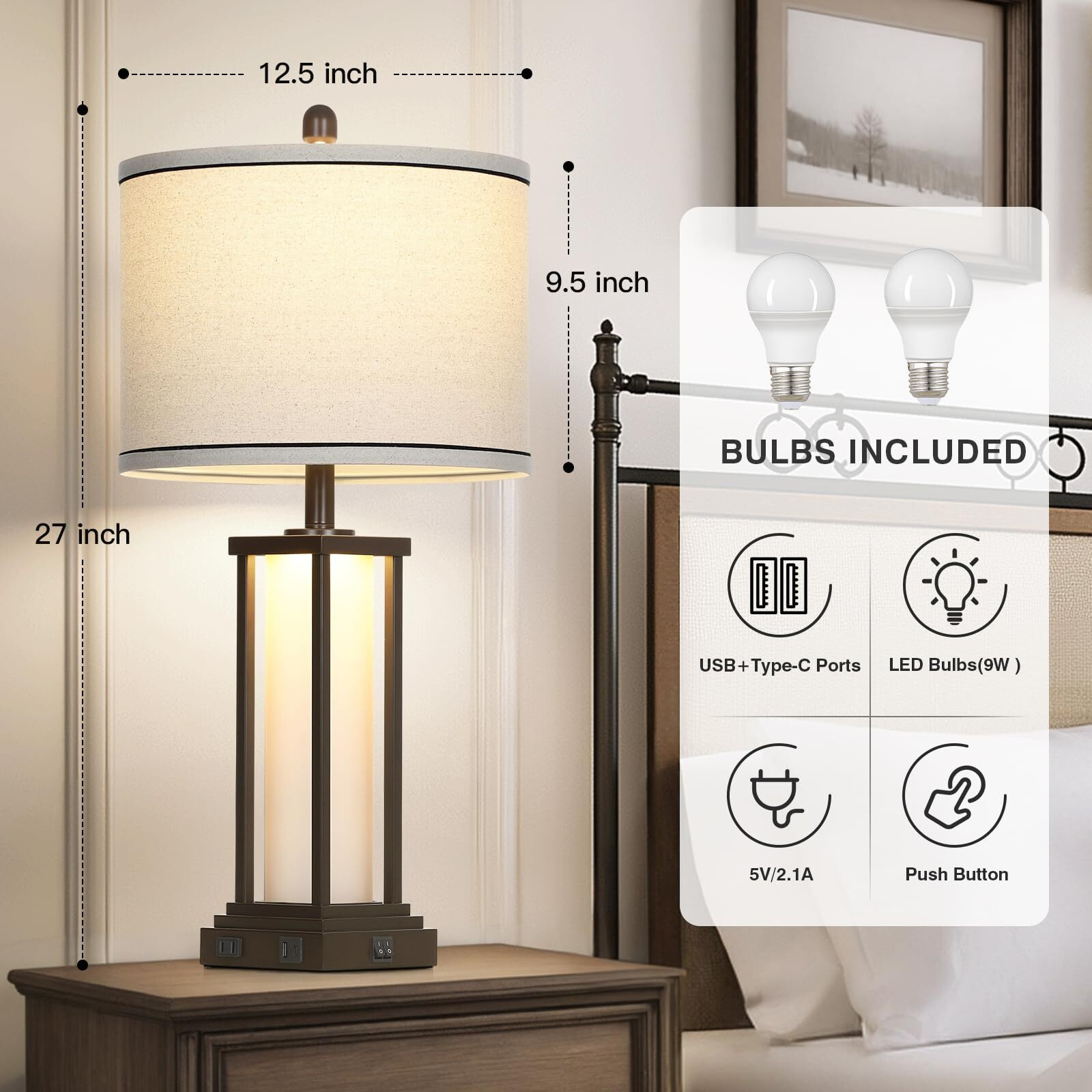 Cinkeda 27"" Tall Vintage Table Lamps With Usb C+A & Outlet,Brown End Table Lamp Set Of 2 For Living Room,Rustic Bedside Lamps With Frosted Glass Night Light For Bedroom Nightstand,Oil-Rubbed Bronze