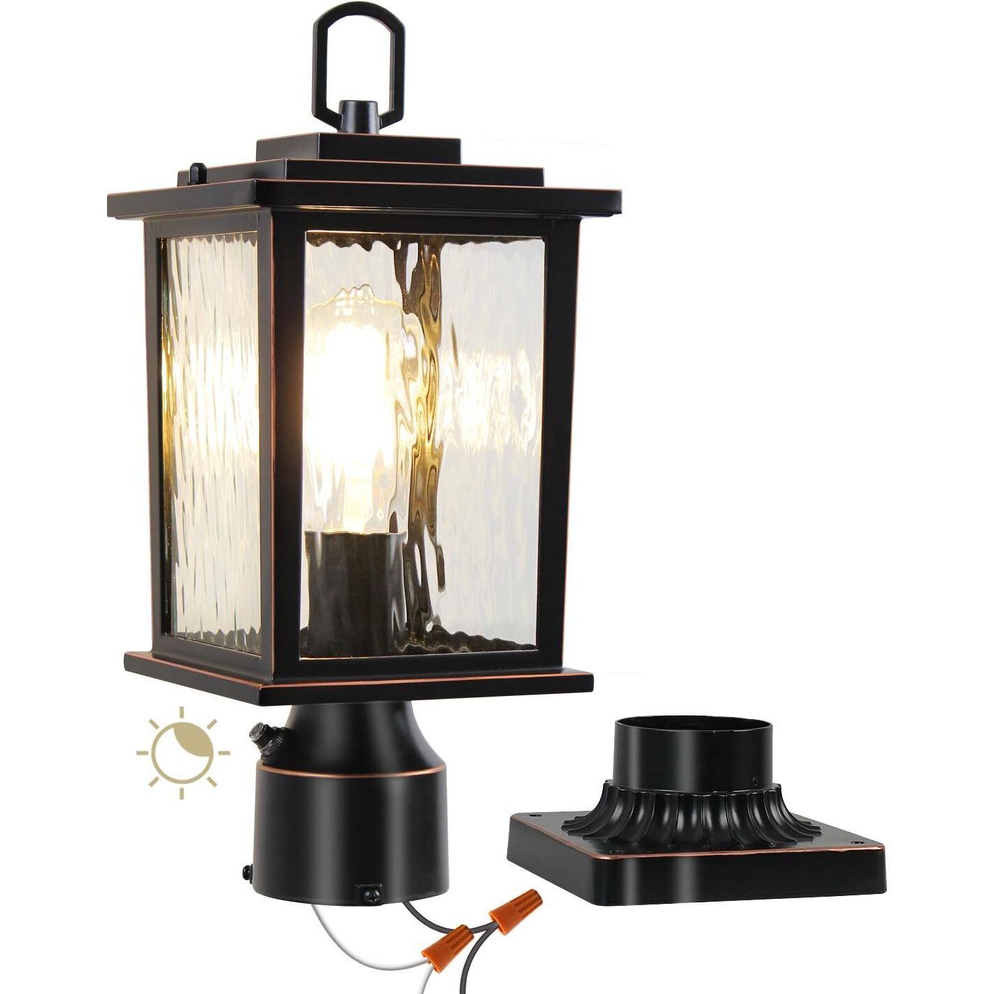 Zillsea Dusk To Dawn Outdoor Post Light, Oil-Rubbed Bronze Pole Lantern With Pier Mount Base, 16'' Hardwired Lamp Post Light Fixture, Water Ripple Glass, Waterproof And Rustproof, Bulb Not Included