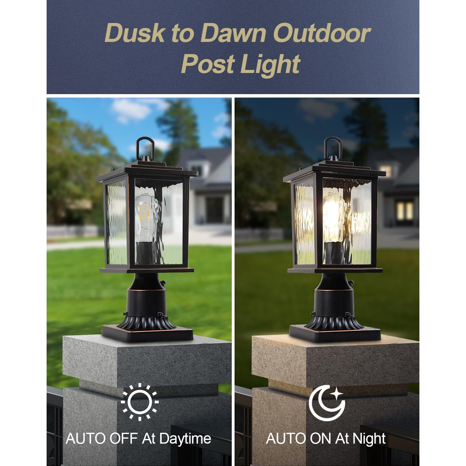 Zillsea Dusk To Dawn Outdoor Post Light, Oil-Rubbed Bronze Pole Lantern With Pier Mount Base, 16'' Hardwired Lamp Post Light Fixture, Water Ripple Glass, Waterproof And Rustproof, Bulb Not Included