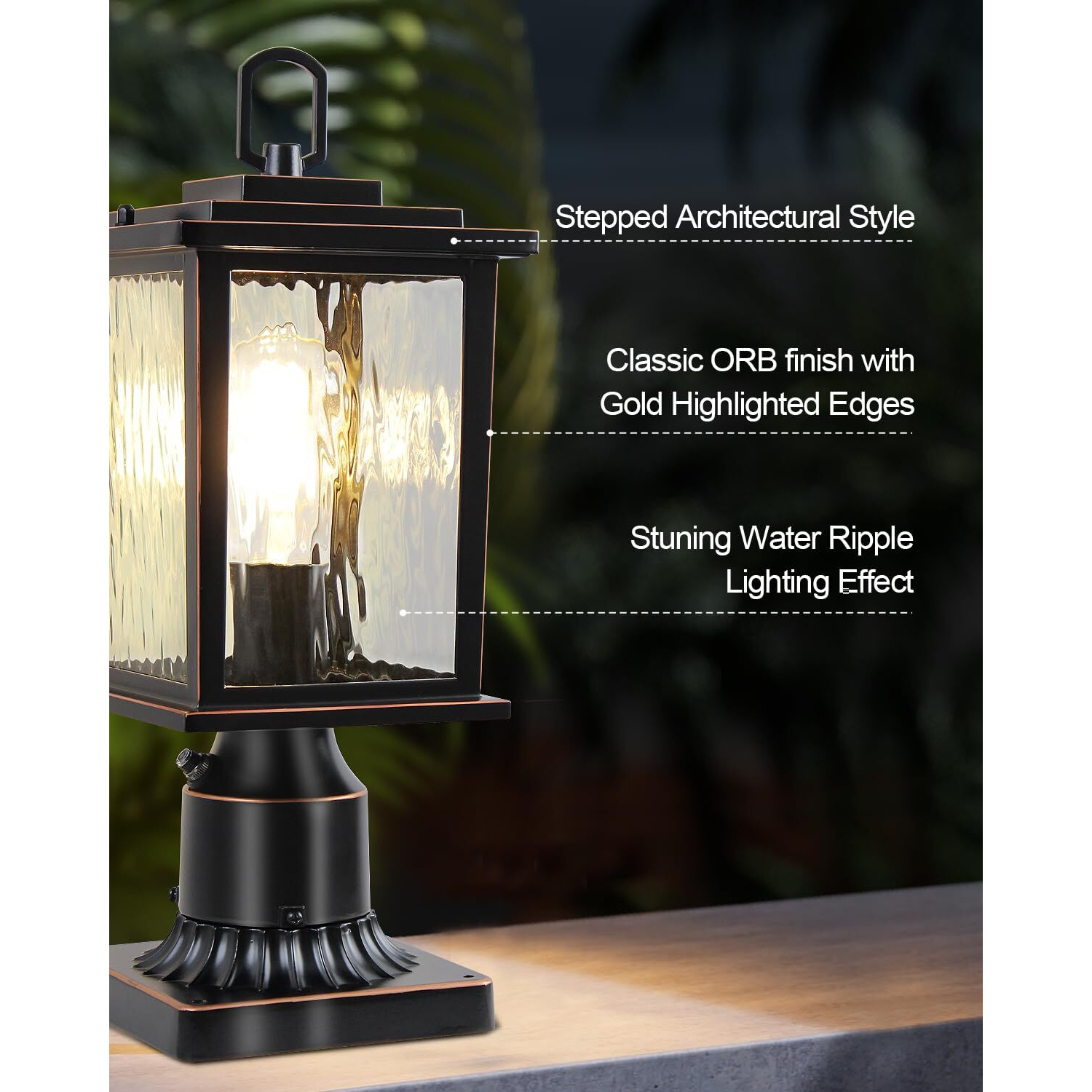 Zillsea Dusk To Dawn Outdoor Post Light, Oil-Rubbed Bronze Pole Lantern With Pier Mount Base, 16'' Hardwired Lamp Post Light Fixture, Water Ripple Glass, Waterproof And Rustproof, Bulb Not Included