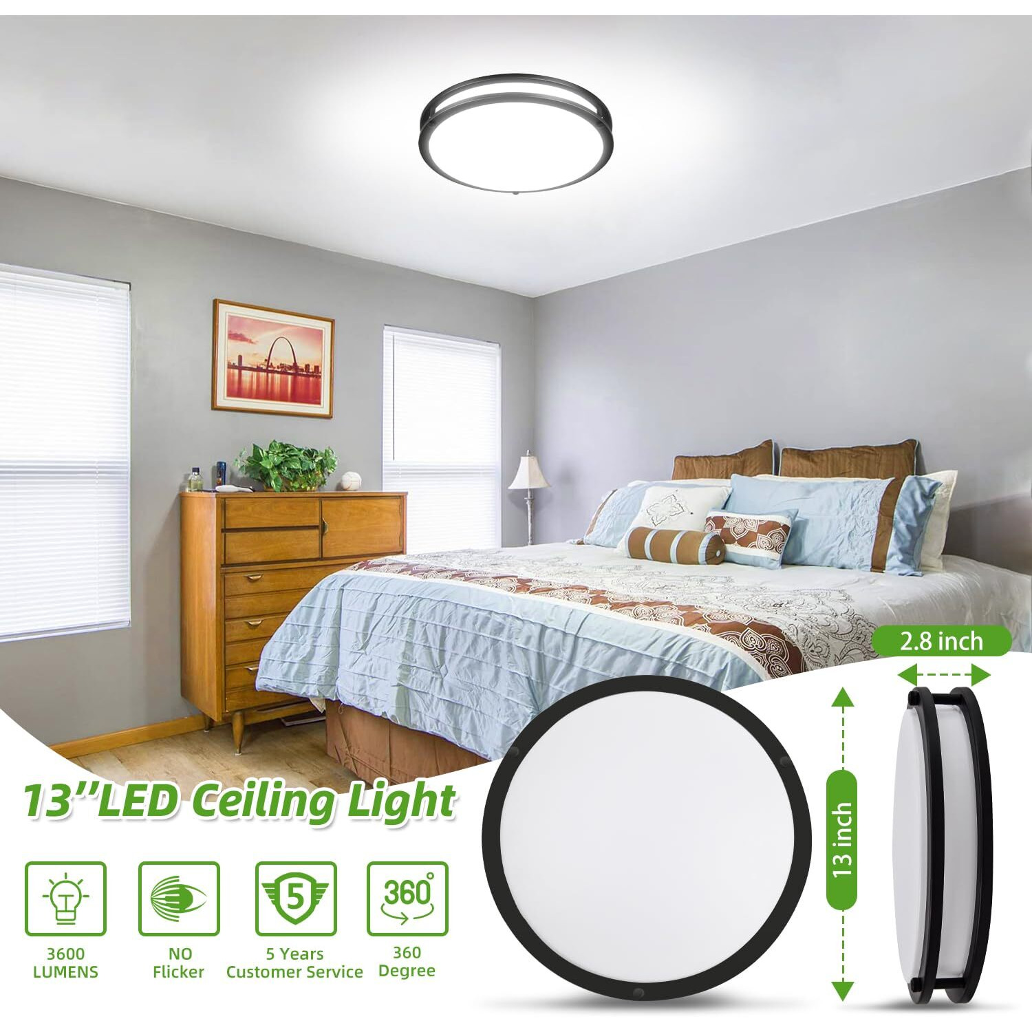 Hlite 36W 13Inch Led Flush Mount Ceiling Light Fixture,3600Lm Super Bright Light Fixture Ceiling Mount,Oil Rubbed Bronze Led Ceiling Light Flush Mount For Bedroom,Kitchen,Bathroom,Hallway(1Pack)