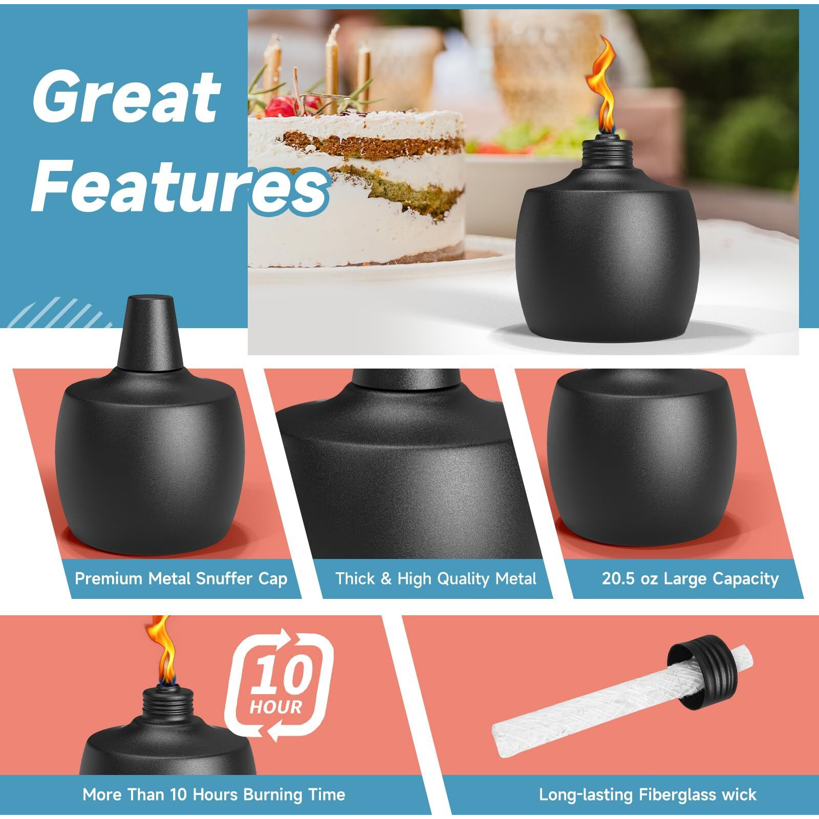 Falbawr 6-Pack Citronella Tabletop Torches, 21.5 Oz Table Top Torches For Outdoor, Metal Oil Burner Candles, Garden Torches With Fiberglass Wick For Yard, Patio, Deck, Garden, Party, Landscape