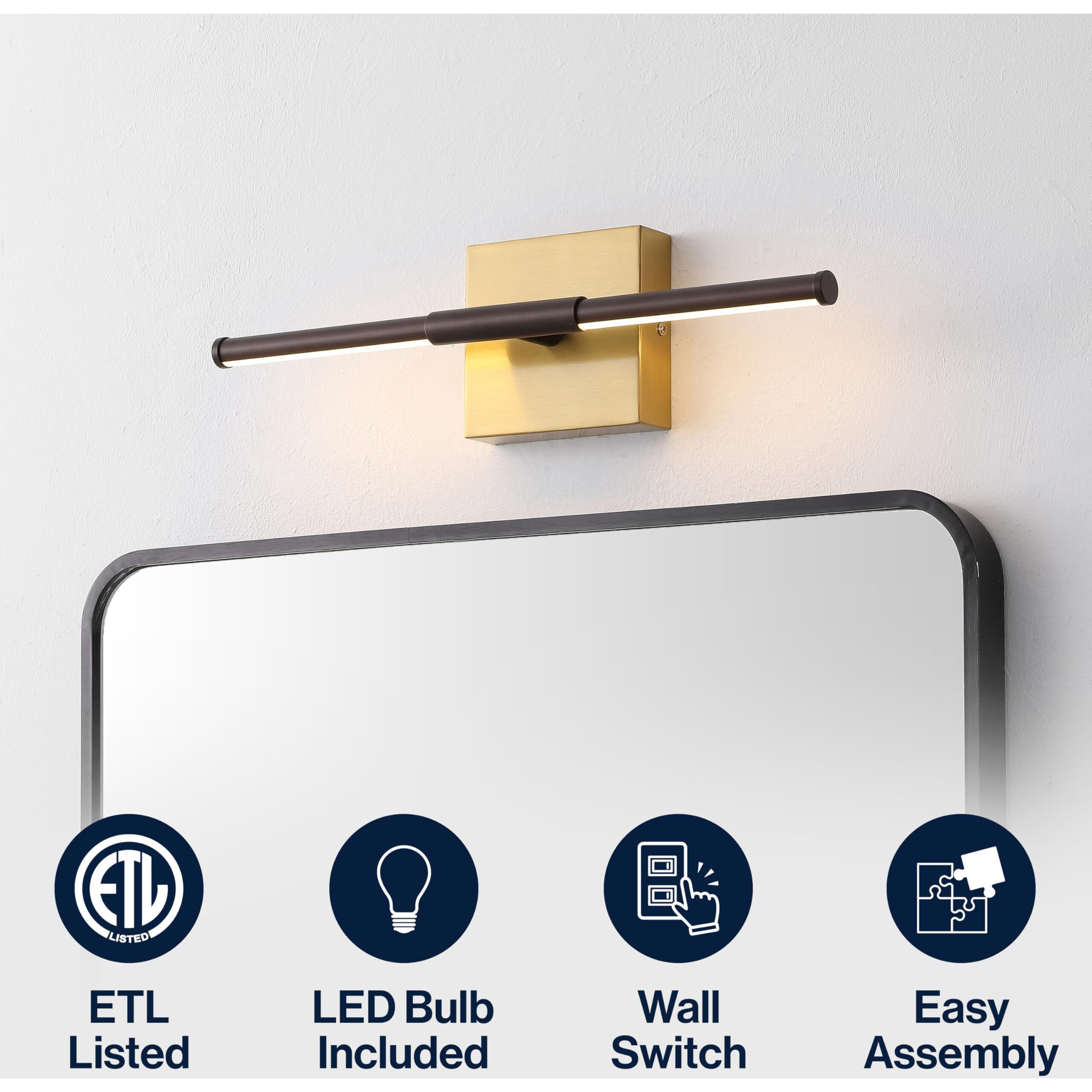 Jonathan Y Jyl7039F Makena 16.25"" Modern Minimalist Dimmable Integrated Led Metal Wall Sconce, Bedroom, Bathroom, Living Room, Dining Kitchen, Oil Rubbed Bronze/Brass Gold