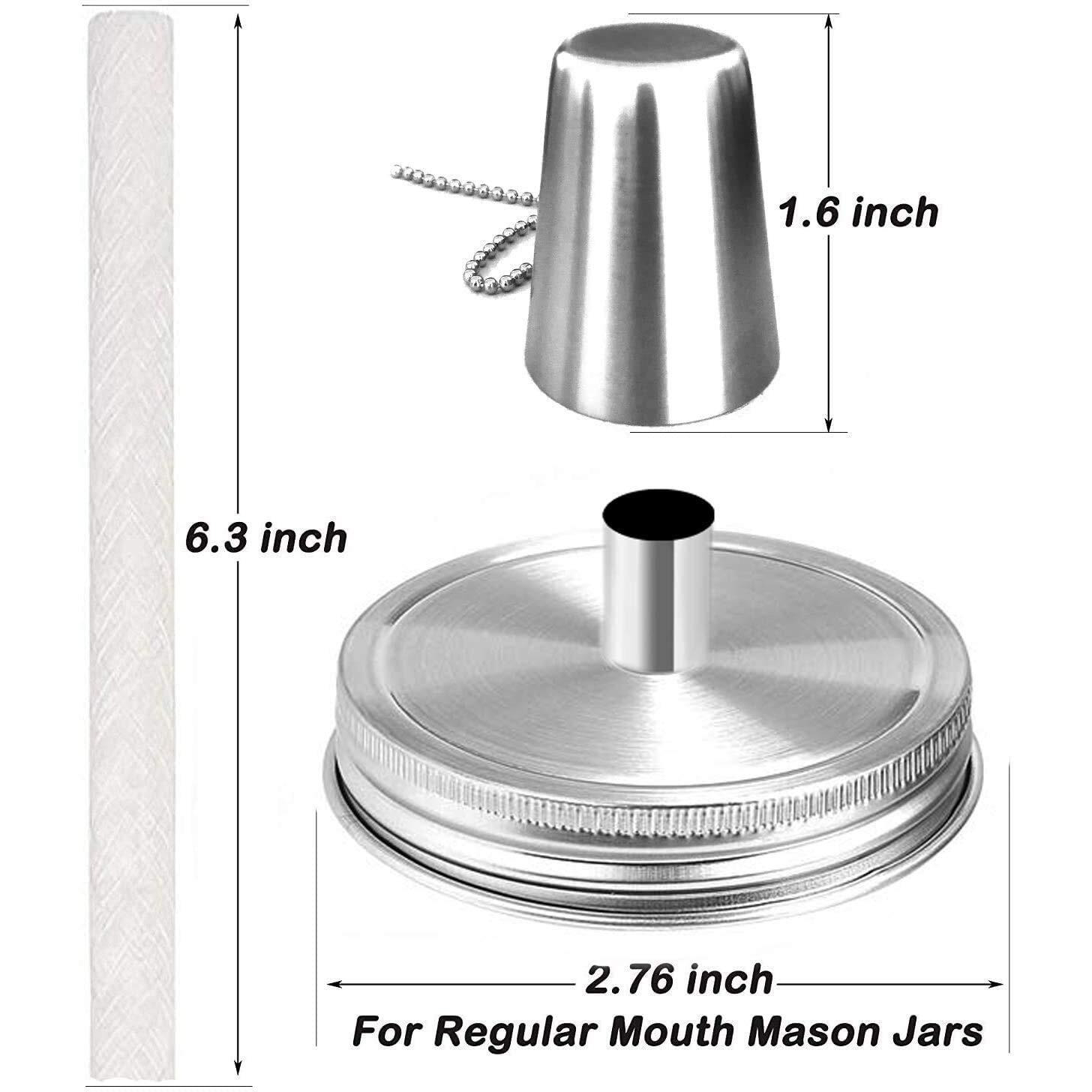 Mason Jar Tabletop Torches Kits,6 Pack Regular Mouth Lids With Protective Tube,Long Life Fiberglass Wicks And Caps,Outdoor Oil Lamp Lights For Patio Garden Camping Decor(Silver)