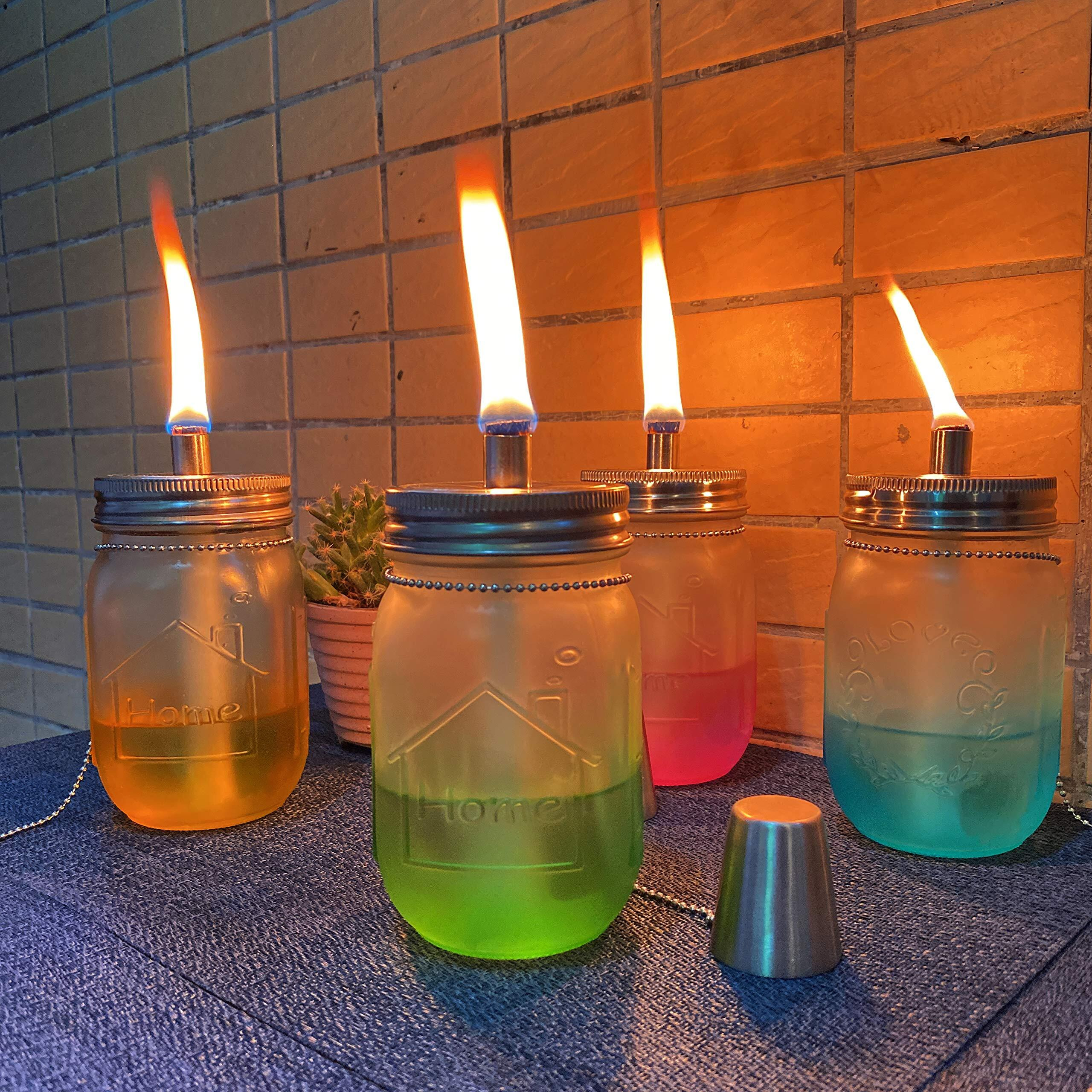 Mason Jar Tabletop Torches Kits,6 Pack Regular Mouth Lids With Protective Tube,Long Life Fiberglass Wicks And Caps,Outdoor Oil Lamp Lights For Patio Garden Camping Decor(Silver)