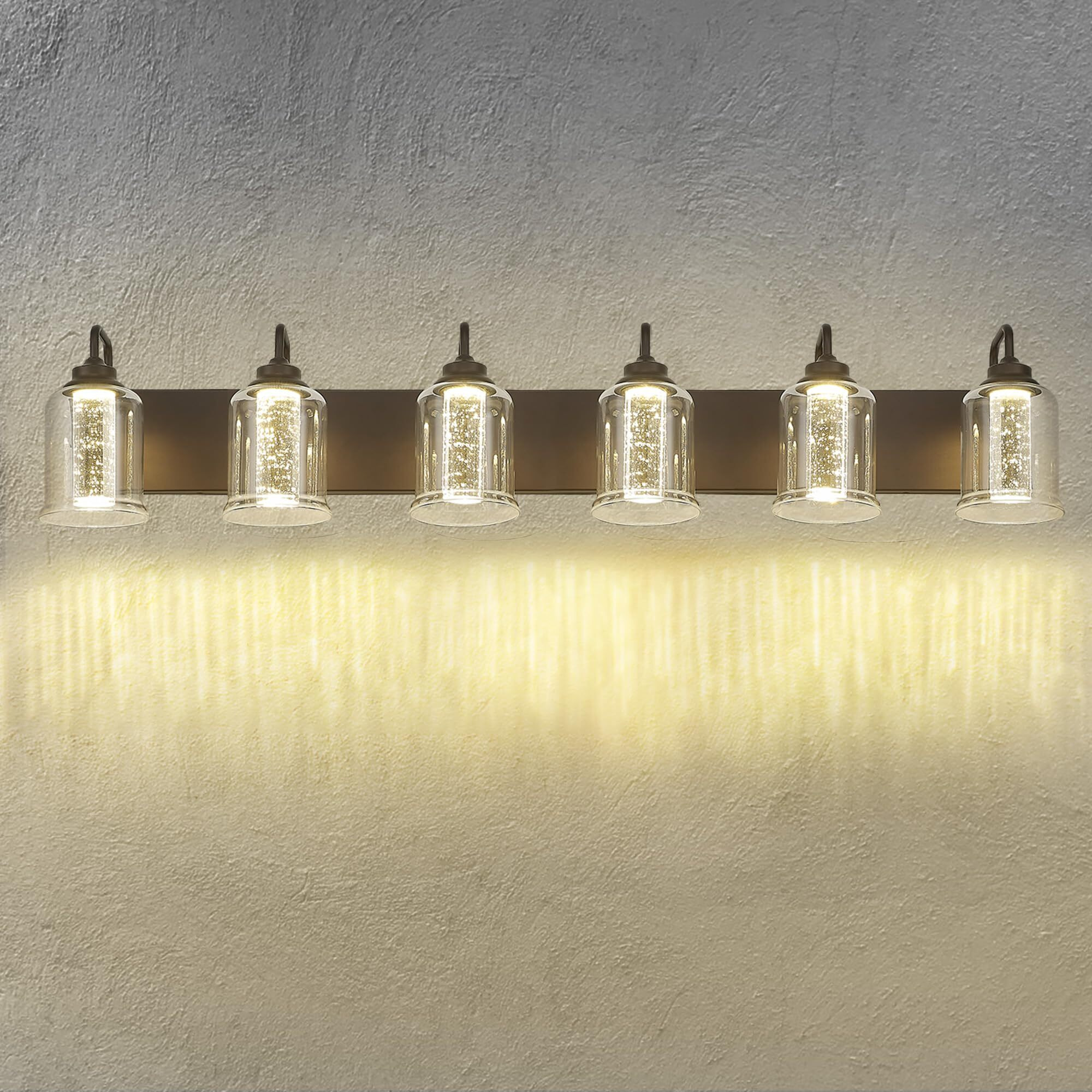 Zeyu 40W 6 Light Bathroom Light Fixtures, 44 Inch Led Vanity Wall Light With 5 Color Modes, Oil Rubbed Bronze Finish With Crystal Bubble And Clear Glass, Zsl72B-6W Led Orb