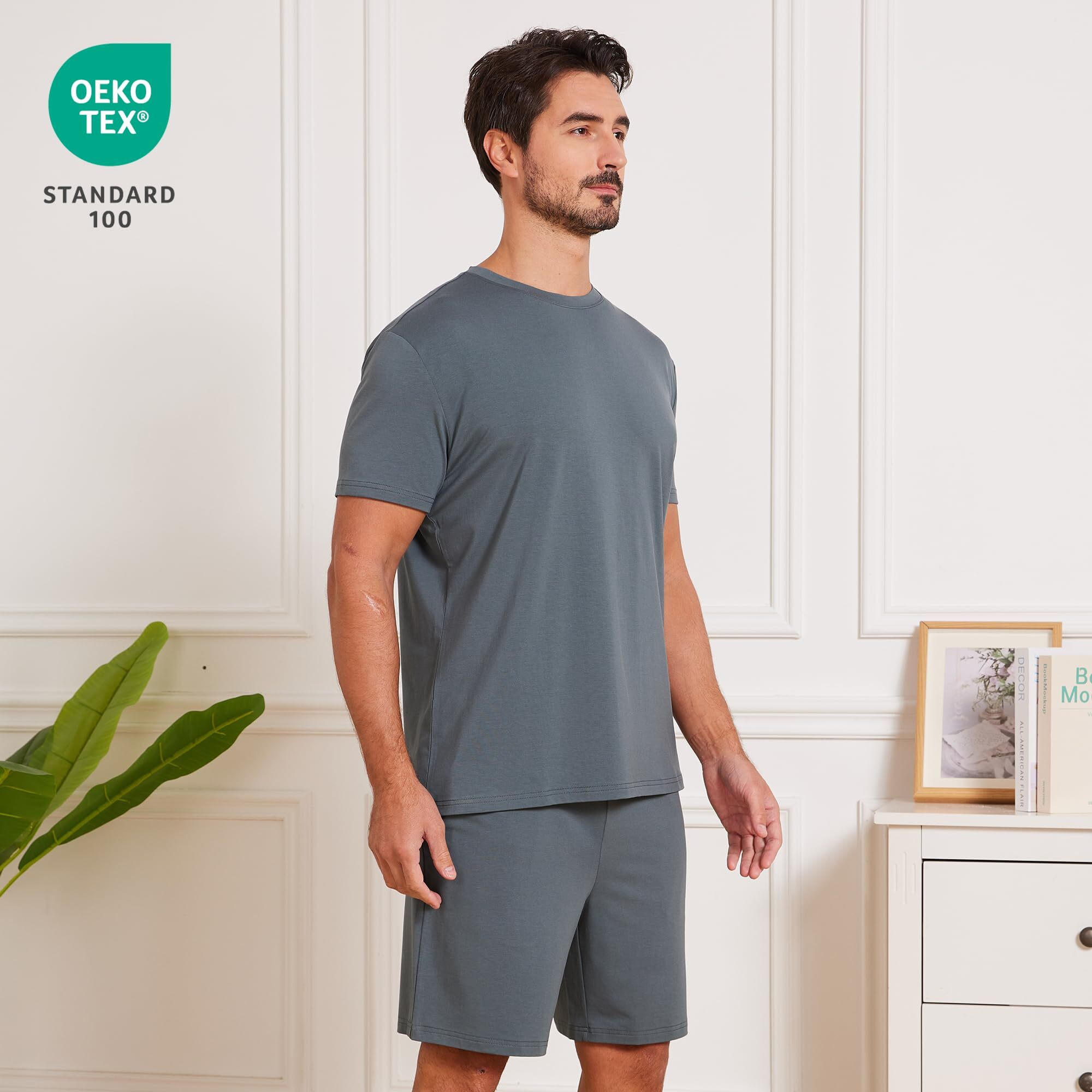 Netdraw Men's Ultra Soft Bamboo Viscose Pajama Sets Lightweight Comfy Lounge Sleep Short Sleeve Pjs Sleepwear, Oil Grey, Small