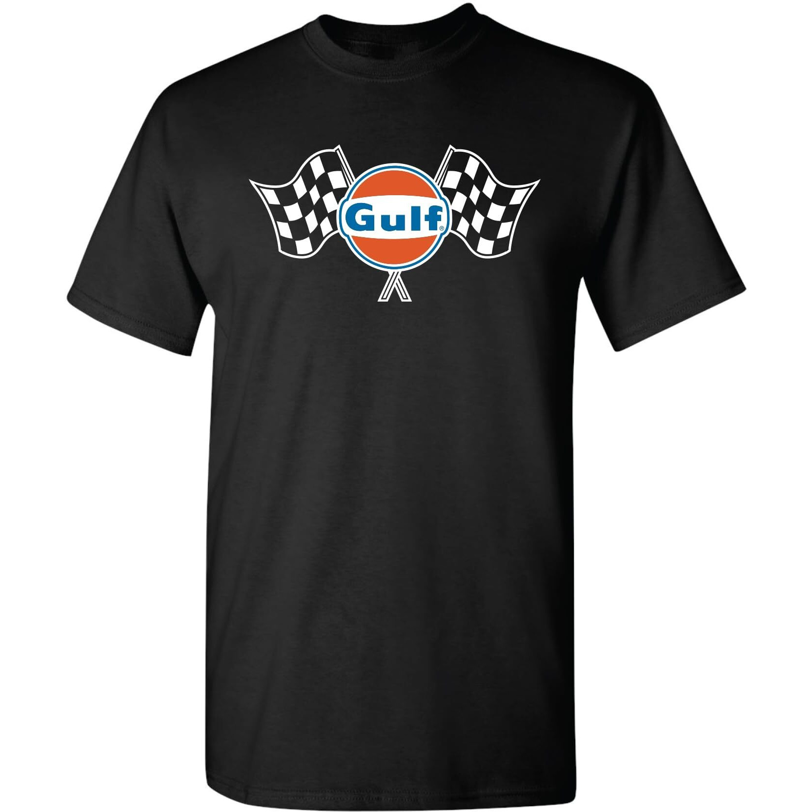 Gulf Oil Officially Licensed Men's Premium Short Sleeve T-Shirt, Gulf Classic Logo With Finishing Flags Graphic Tee (Us, Alpha, 3X-Large, Regular, Regular, Black/Multi)