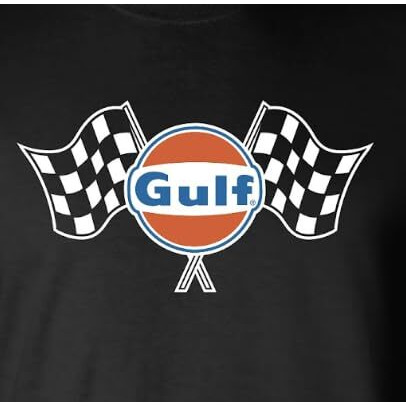 Gulf Oil Officially Licensed Men's Premium Short Sleeve T-Shirt, Gulf Classic Logo With Finishing Flags Graphic Tee (Us, Alpha, 3X-Large, Regular, Regular, Black/Multi)