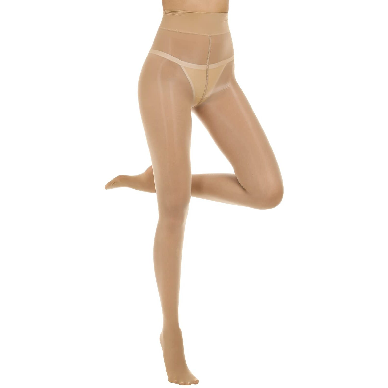 Manzi 2 Pairs Women's Shiny Sheer Tights High Waist Silk Comfort Stockings Oil Shimmery Nylons Pantyhose Natural L-Xl