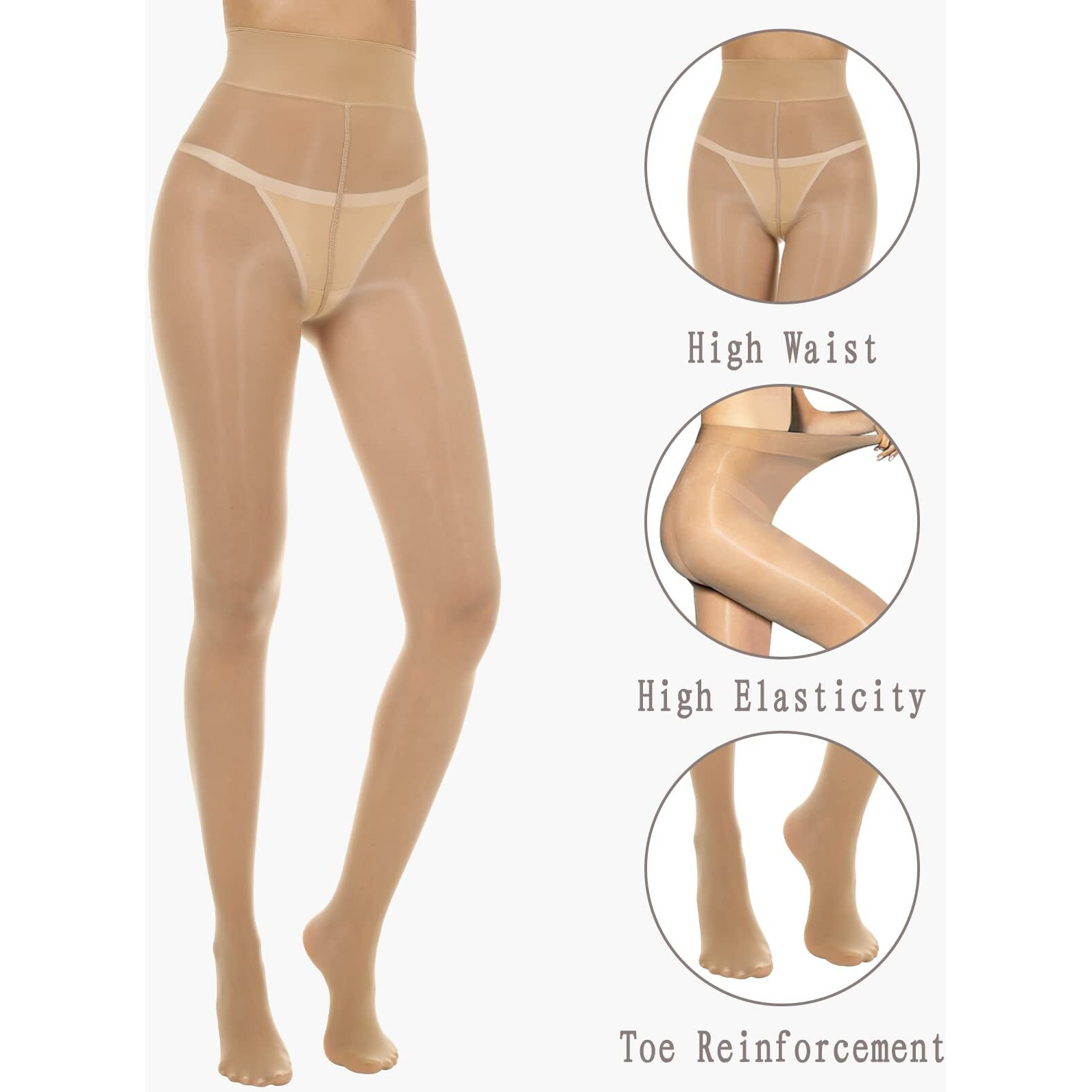 Manzi 2 Pairs Women's Shiny Sheer Tights High Waist Silk Comfort Stockings Oil Shimmery Nylons Pantyhose Natural L-Xl