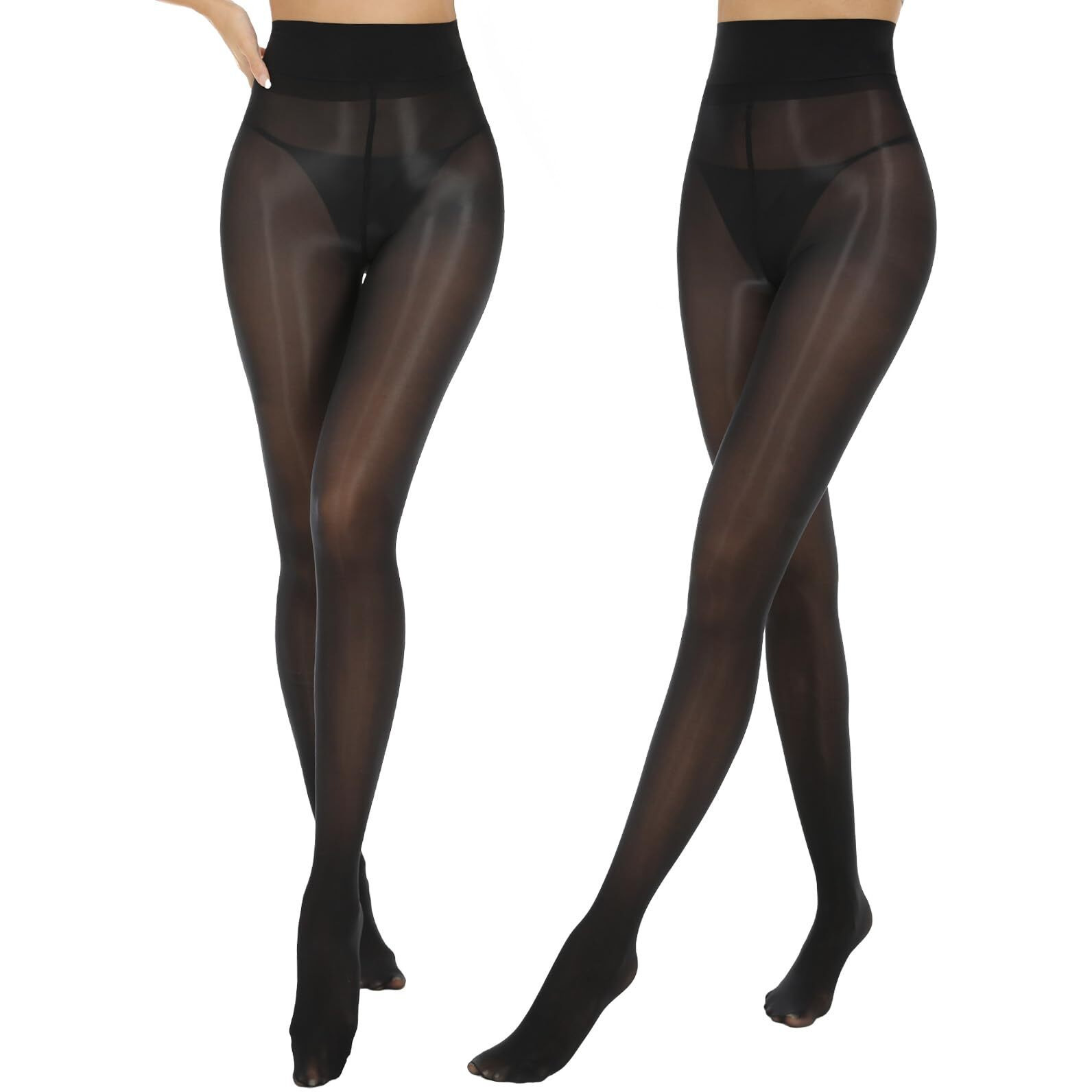 Aaronano 2 Pairs Black Shiny Pantyhose For Women High Waist Silk Oil Shimmer Sheer Tights S-M