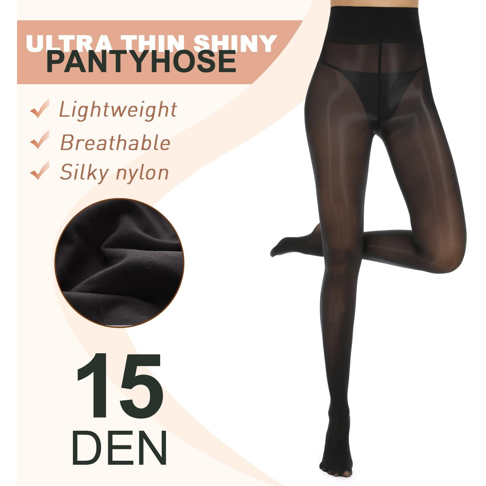 Aaronano 2 Pairs Black Shiny Pantyhose For Women High Waist Silk Oil Shimmer Sheer Tights S-M