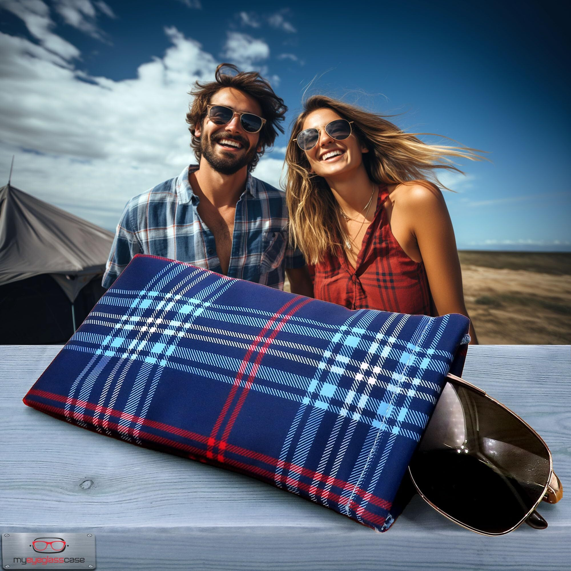 Myeyeglasscase Soft Sunglasses Case - Large Glasses Holder In Microfiber Plaid Print - Xl Squeeze Top Eyeglass Pouch With Cloth - Passport Holder, Smart Phone Case For Men And Women (Ct8 Plaid Blue)