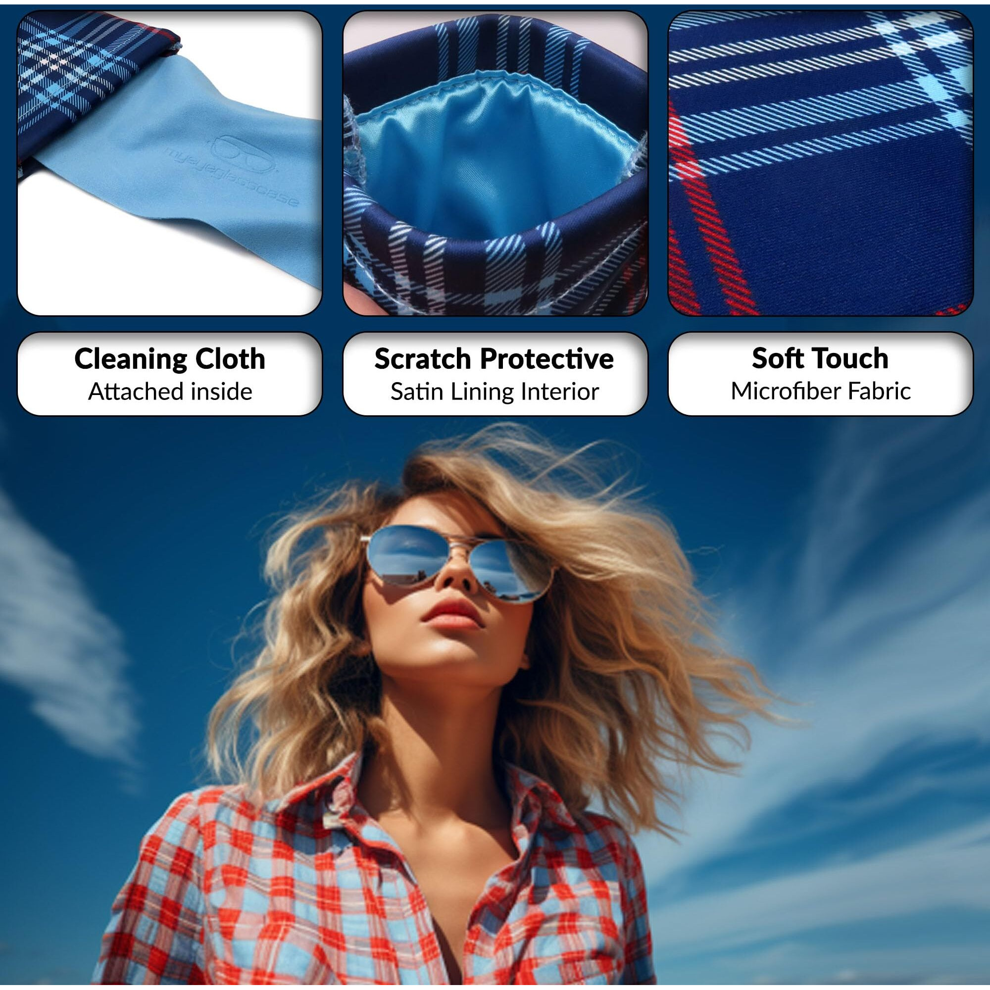 Myeyeglasscase Soft Sunglasses Case - Large Glasses Holder In Microfiber Plaid Print - Xl Squeeze Top Eyeglass Pouch With Cloth - Passport Holder, Smart Phone Case For Men And Women (Ct8 Plaid Blue)