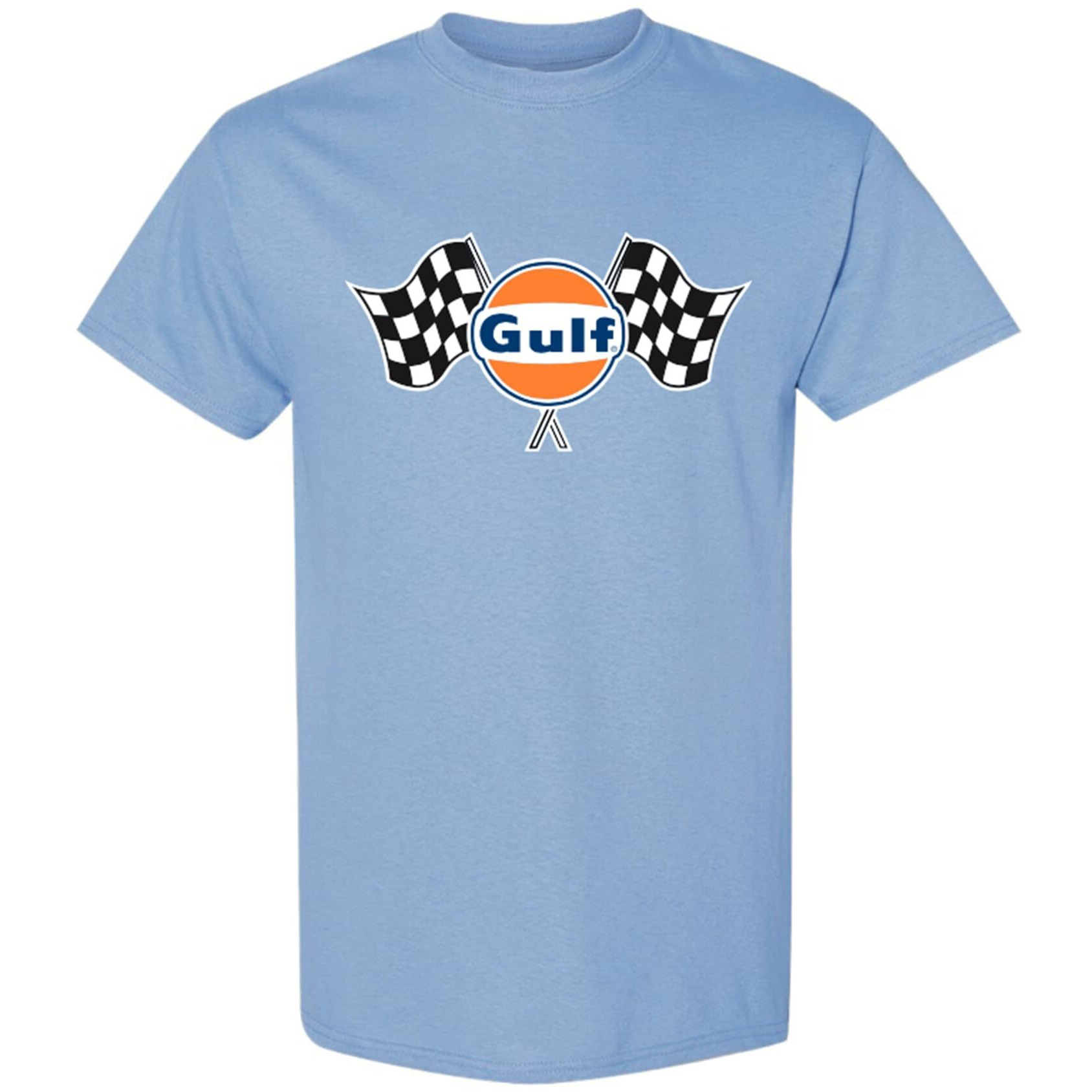 Gulf Oil Officially Licensed Men's Premium Short Sleeve T-Shirt, Gulf Classic Logo With Finishing Flags Graphic Tee (Us, Alpha, Large, Regular, Regular, Light Blue)