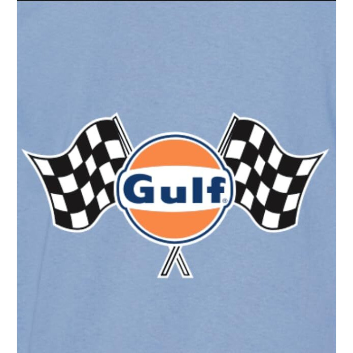 Gulf Oil Officially Licensed Men's Premium Short Sleeve T-Shirt, Gulf Classic Logo With Finishing Flags Graphic Tee (Us, Alpha, Large, Regular, Regular, Light Blue)