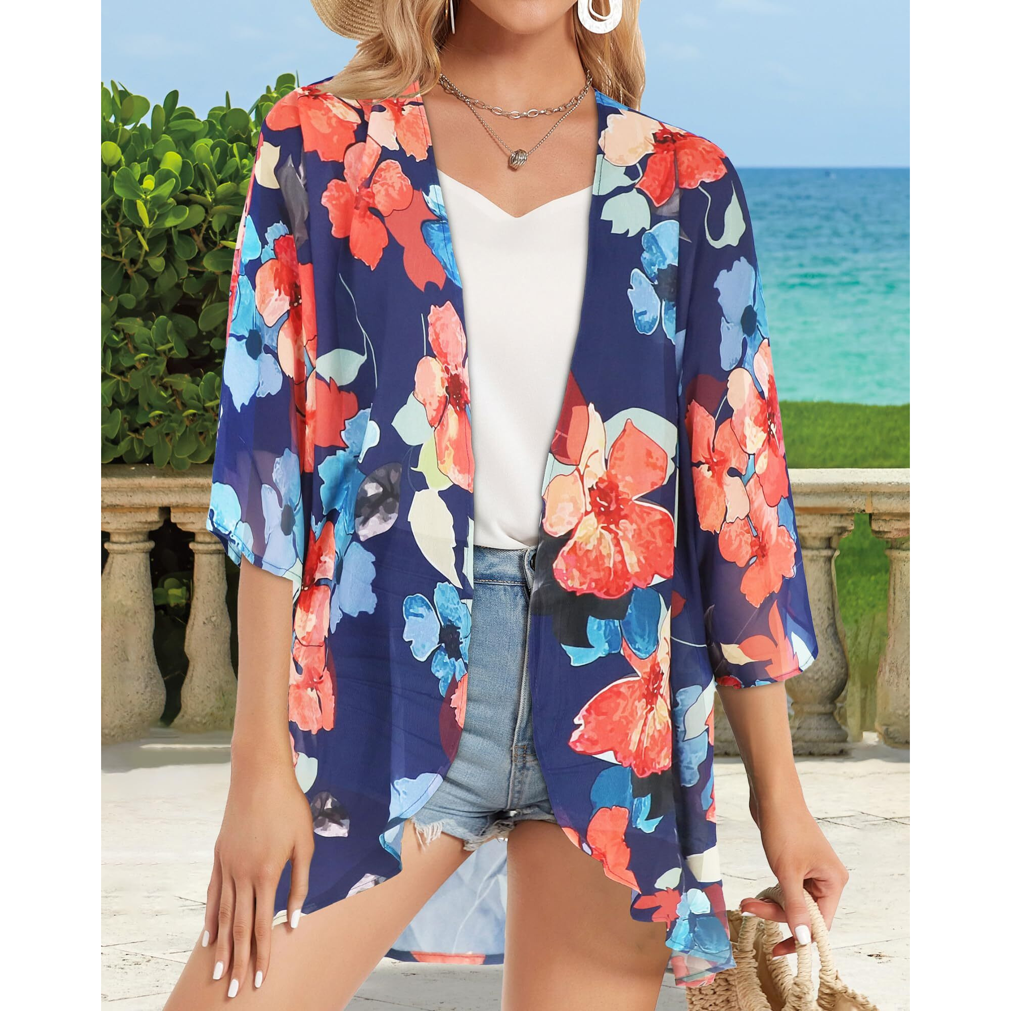 Summer Kimono Cardigan For Women Sheer Light Tops Casual Open Front Swimwear Shirts Beach Cover Ups (Oil Blue,2Xl)