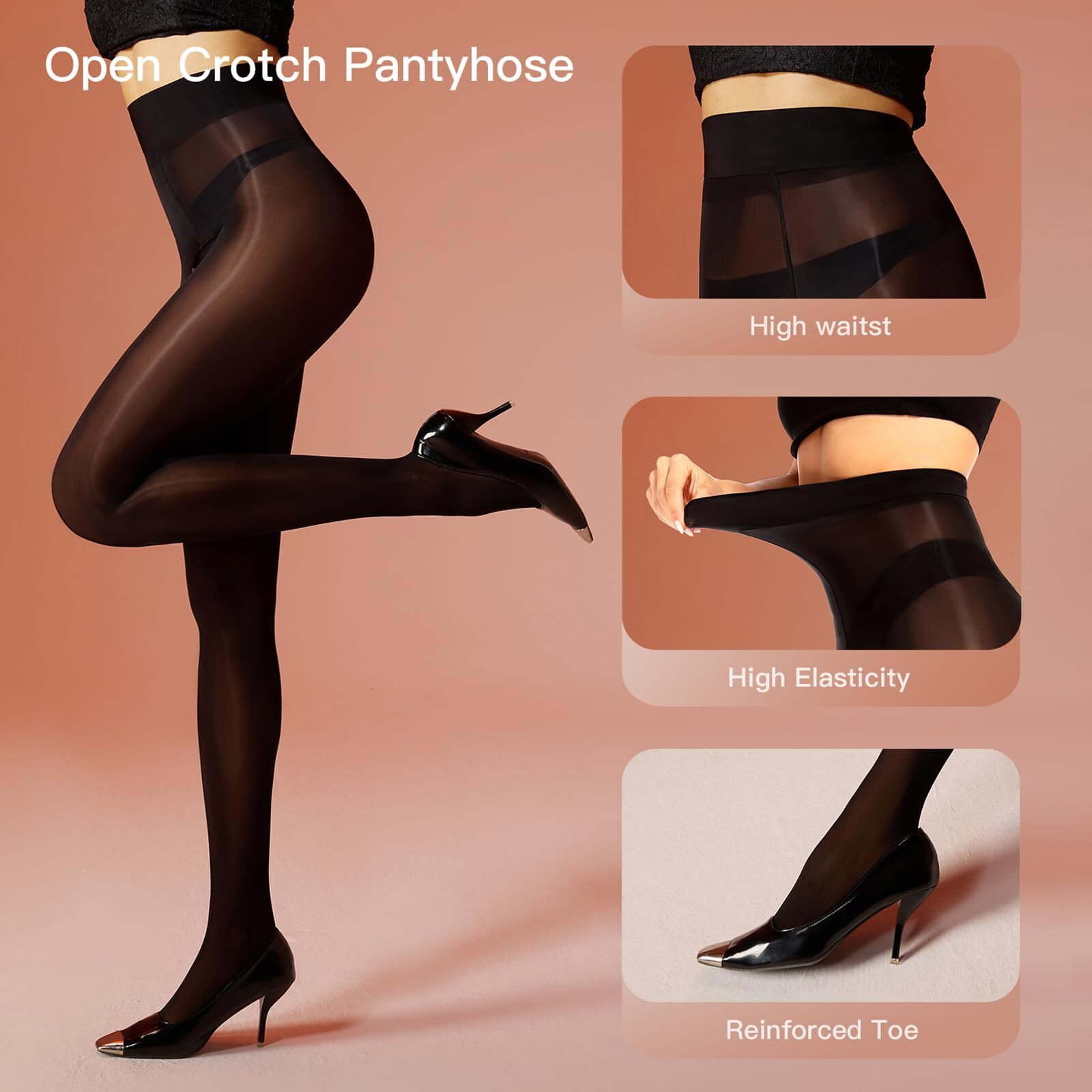 Yilanmy Shiny Sheer Tights Open Crotch Pantyhose For Women High Waist Shimmery Tights Oil Shimmery Nylons 2 Pairs(Black+Natural,S-M)