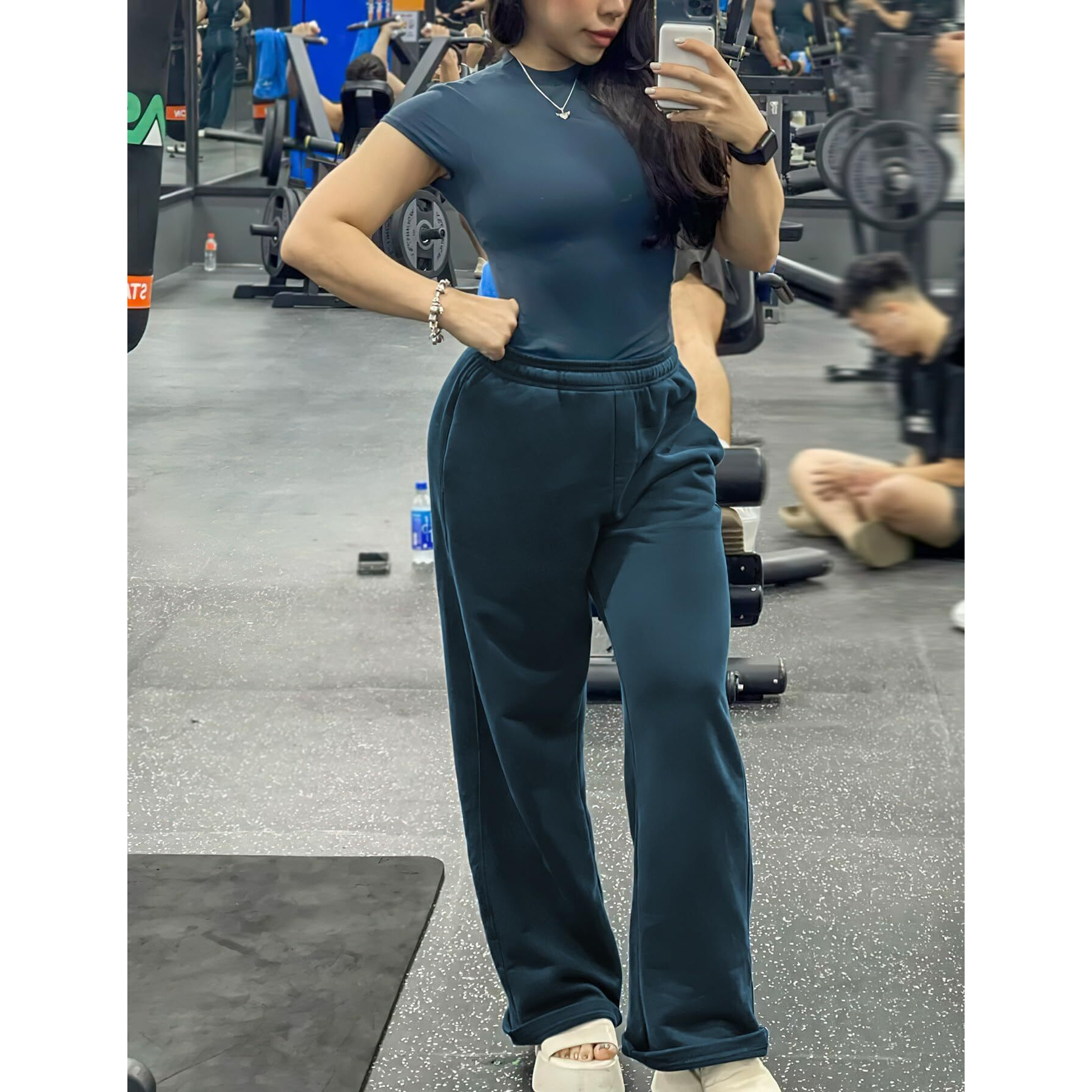 Yeoreo Women's Wide Leg Sweatpants Drawstring Baggy Sweatpants Penny Fleece Lined Lounge Pants With Pockets Oil Blue Xl