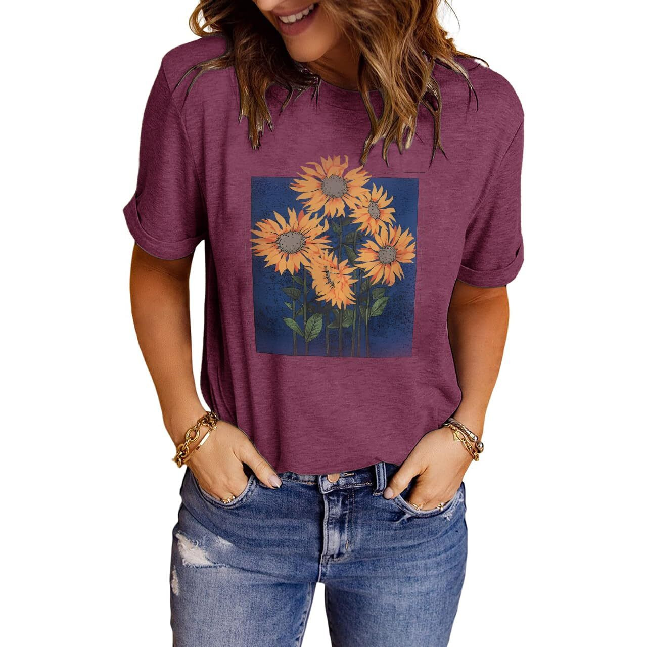 Lindocita Women's Sunflower Oil Painting Graphic Tees Cottagecore Summer Cute Loose Crewneck T-Shirt Shirts For Teen Girls Purple Xl