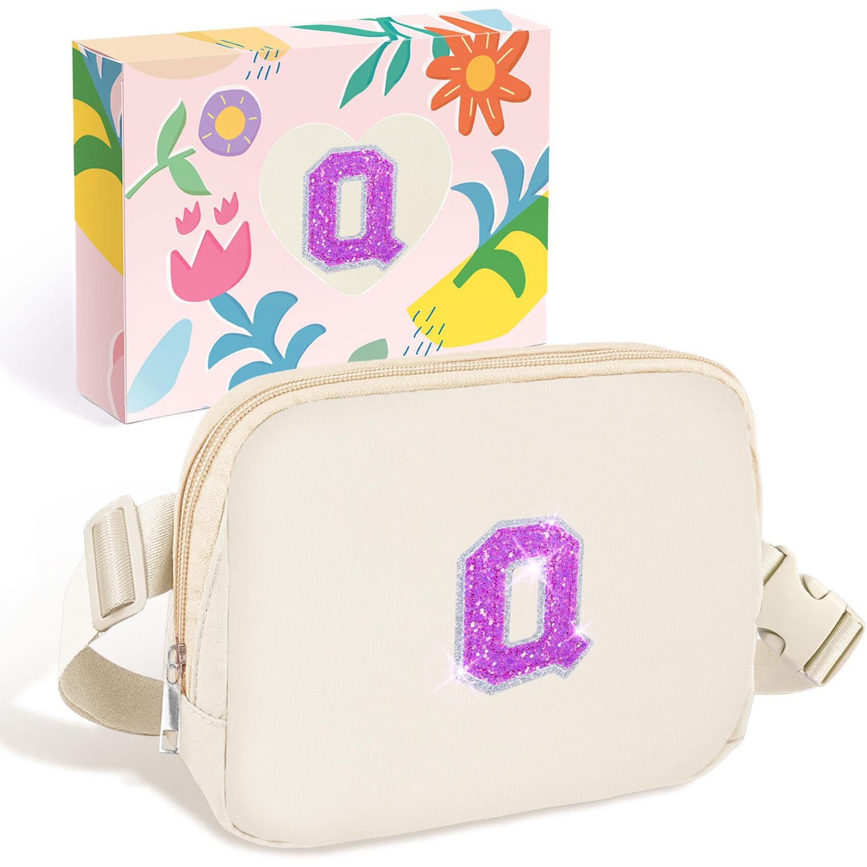 Coshaysoo Initial Letter Fanny Pack For Girls Personalized Christmas Birthday Gifts For 6 7 8 9 10 11 12 Year Old Teen Girl, Girly Fashion Crossbody Purse Belt Bag Preteen Tween Trendy Stuff Ivory Q