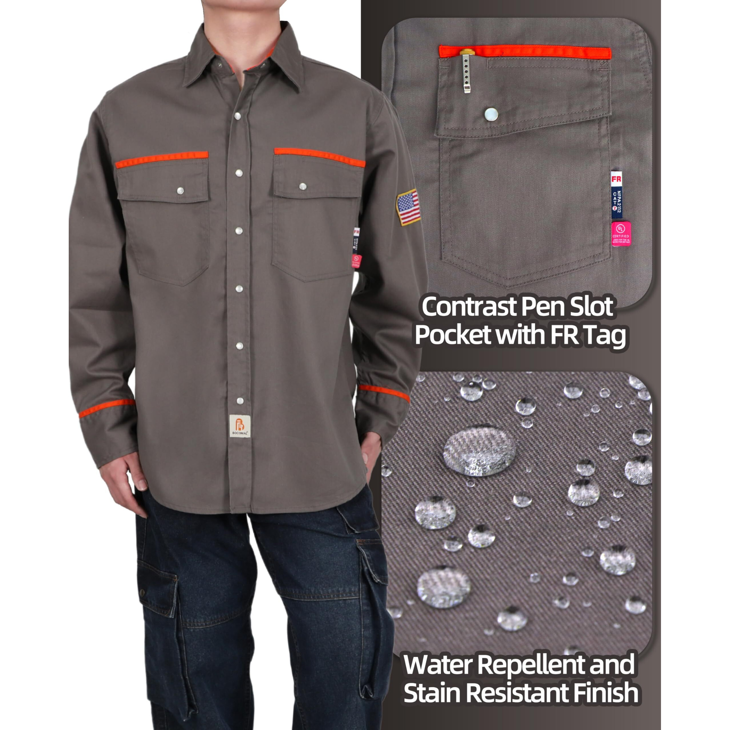 Bocomal Fr Shirts For Men Flame Resistant Light Weight Nfpa2112 Fire Retardant Welding Shirt Water & Oil Repellent Finish