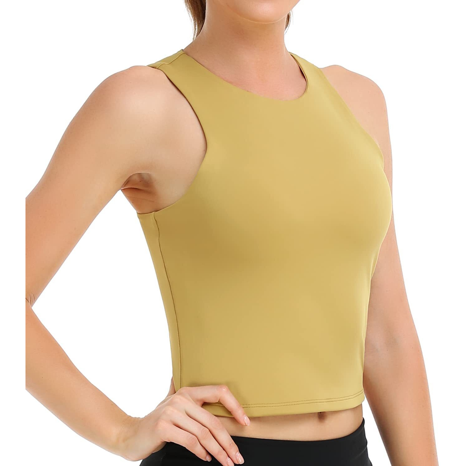 Colorfulkoala Women's Tank Tops Body Contour Sleeveless Crop Double Lined Yoga Shirts (M, Oil Yellow)