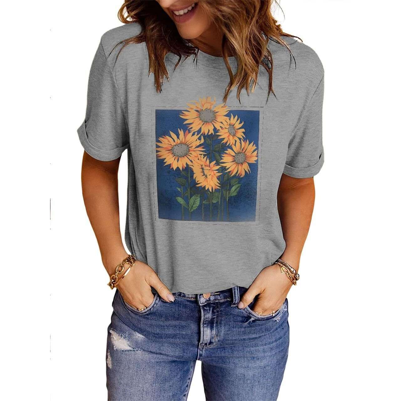 Lindocita Women's Sunflower Oil Painting Graphic Tees Cottagecore Summer Cute Loose Crewneck T-Shirt Shirts For Teen Girls Grey 2Xl