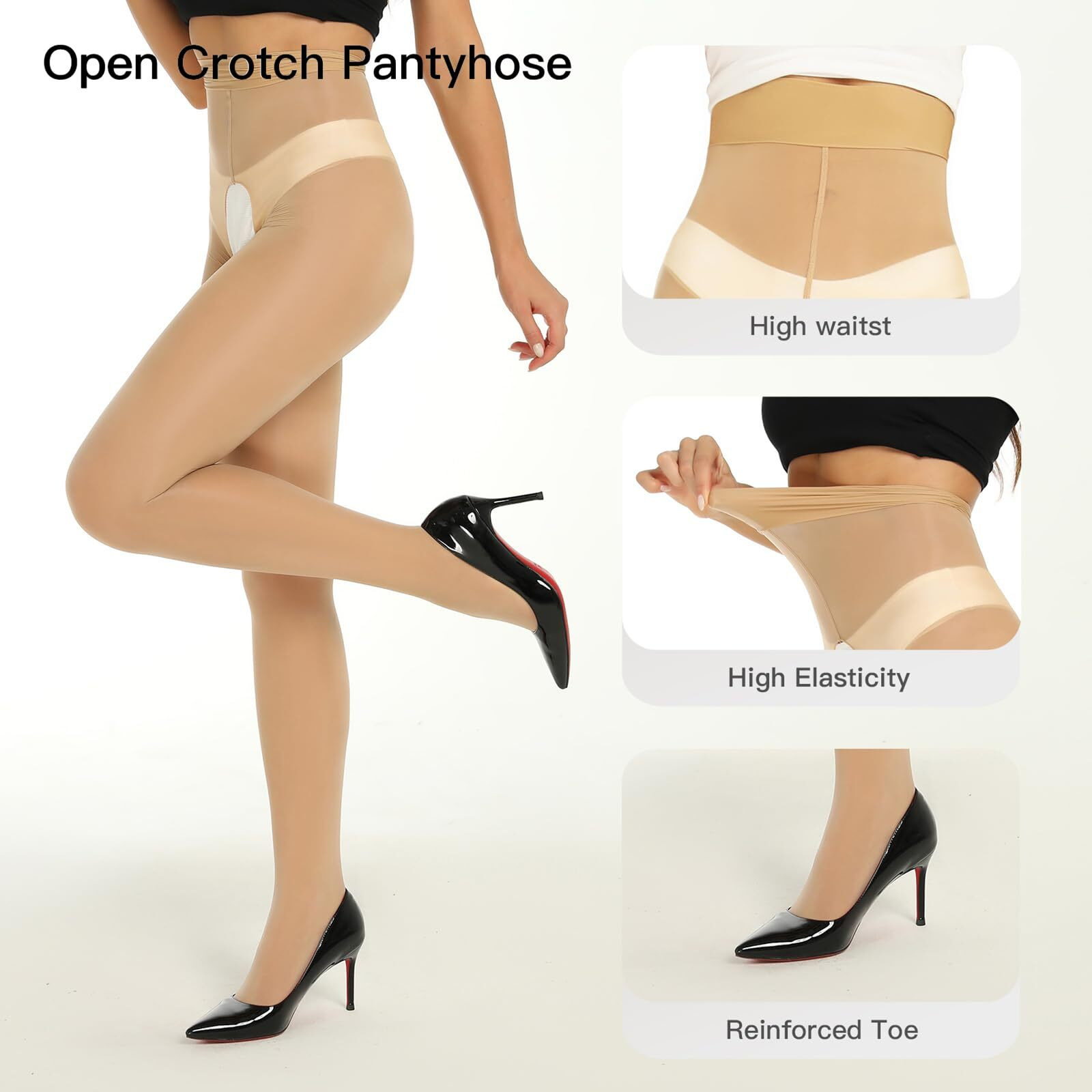 Yilanmy Shiny Sheer Tights Open Crotch Pantyhose For Women High Waist Shimmery Tights Oil Shimmery Nylons 2 Pairs(Natural,S-M)