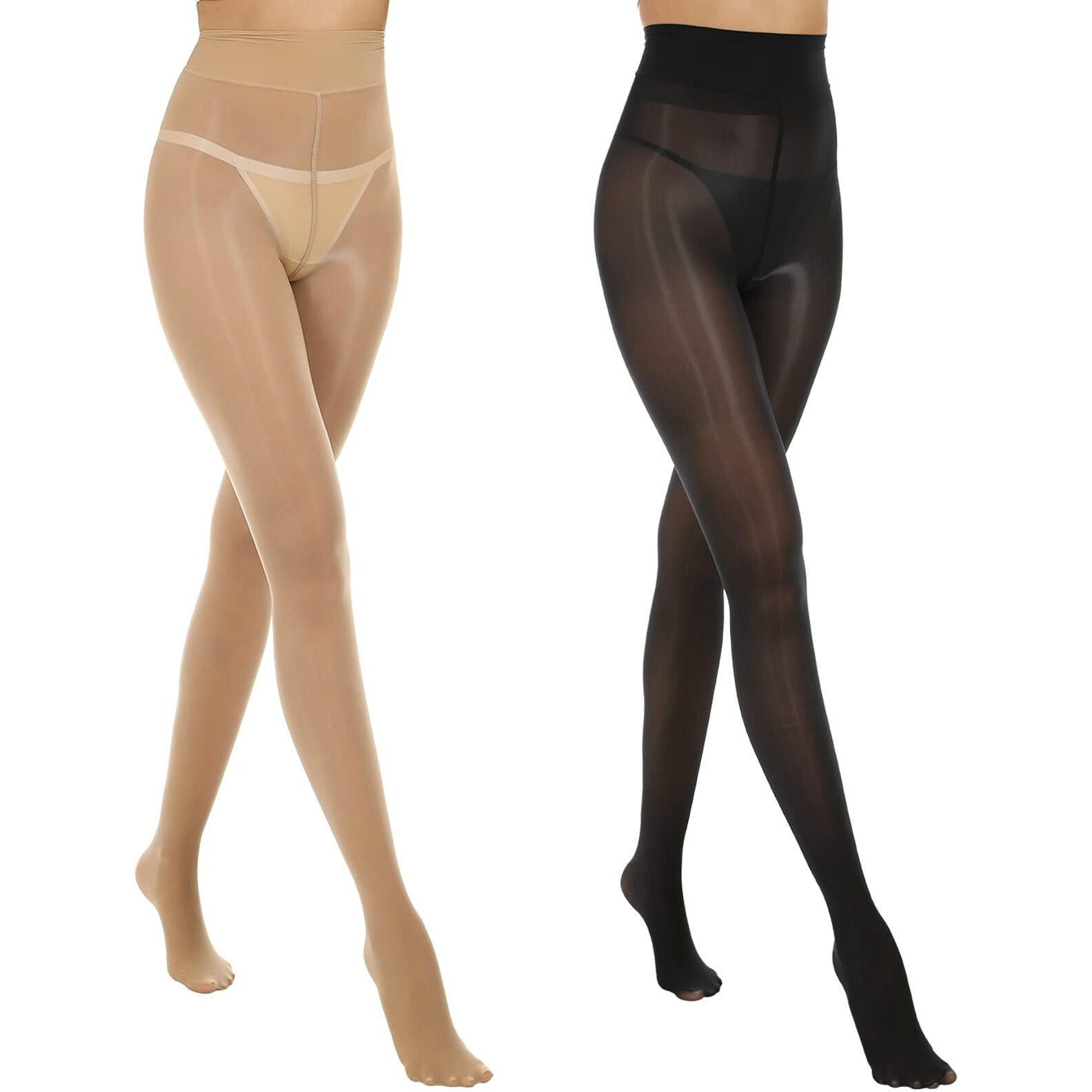Manzi 2 Pairs Women's Shiny Sheer Tights High Waist Silk Comfort Stockings Oil Shimmery Nylons Pantyhose Black And Natural L-Xl