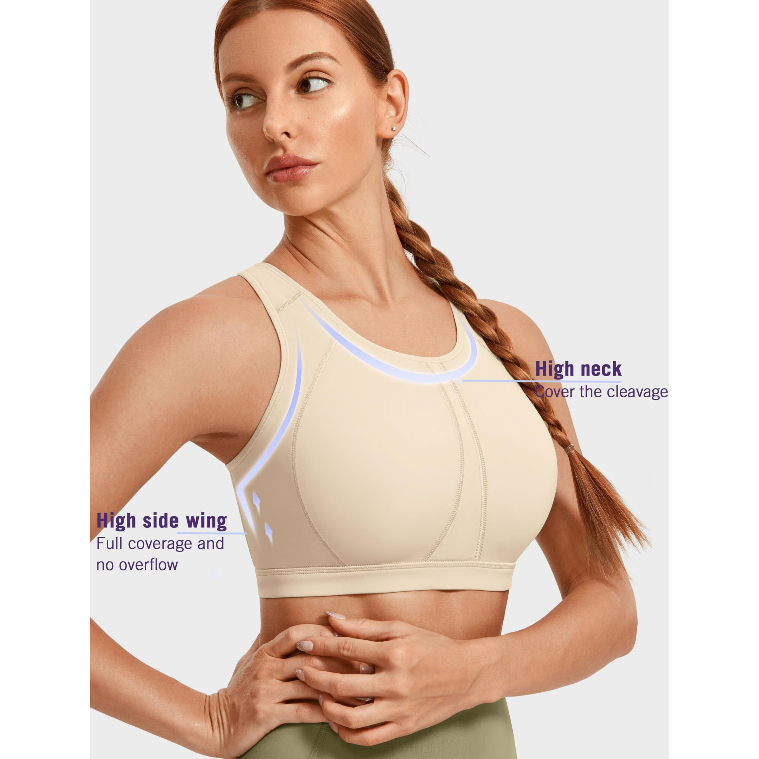Syrokan Full Coverage Plus Size Sports Bras For Women High Support Racerback Padded Bras For Women No Underwire Oil Beige 36E