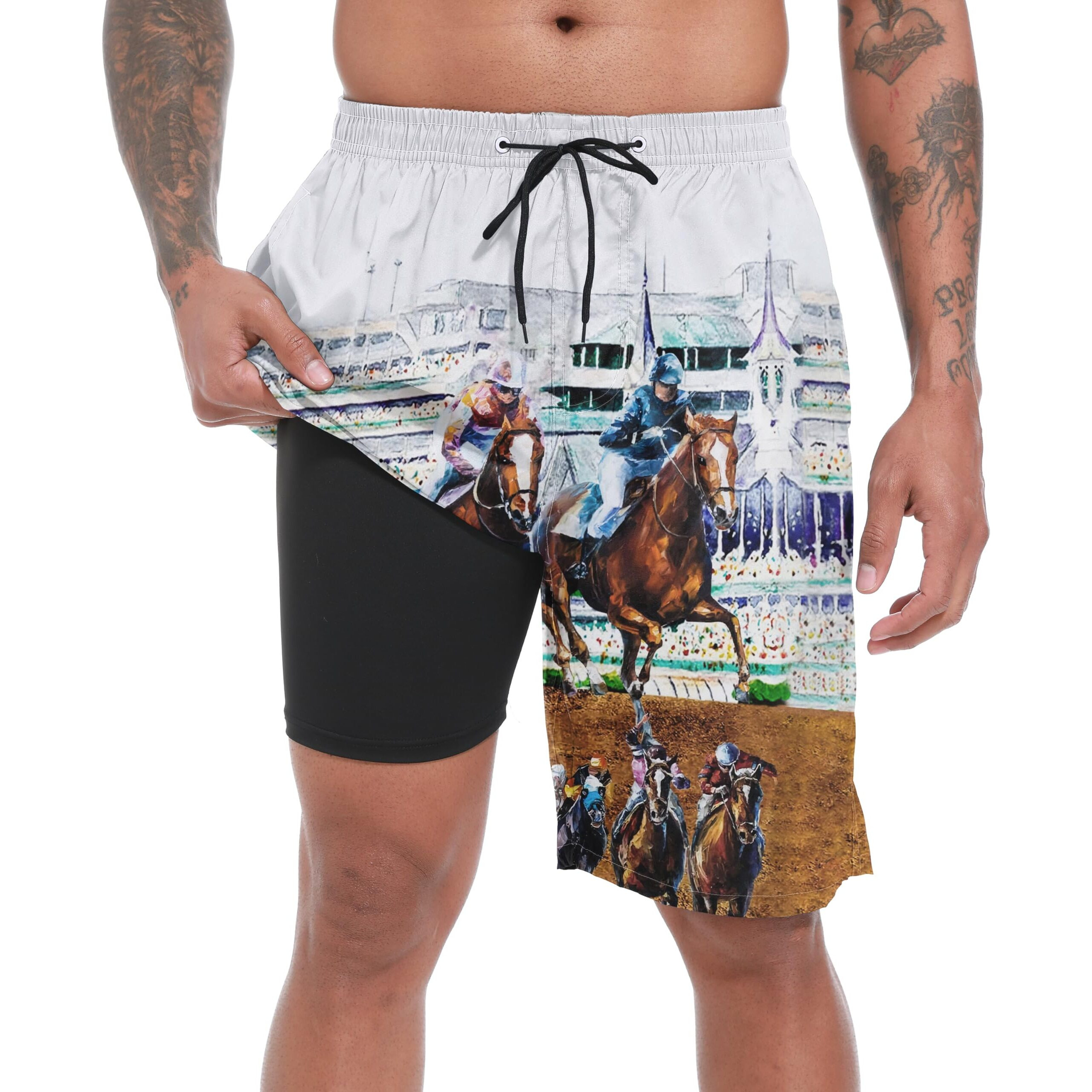 Mens Swim Trunks With Compression Liner, Oil Painting Horse Riding Mens Bathing Suit Men Swimming Trunks 9 Inch Inseam Men's Board Shorts Swimwear, 4 Way Stretch Beach Shorts Quick Dry Swimsuits, S