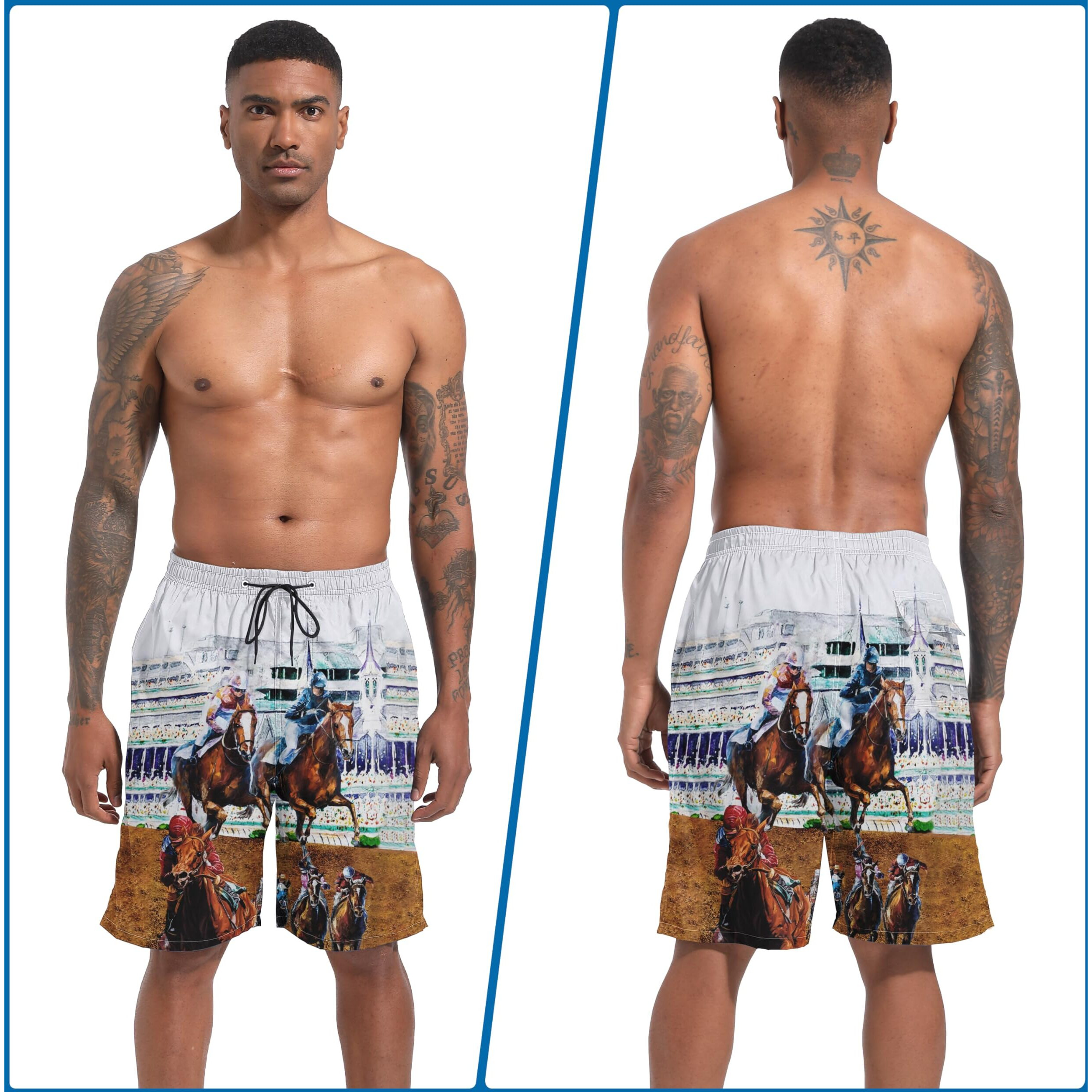 Mens Swim Trunks With Compression Liner, Oil Painting Horse Riding Mens Bathing Suit Men Swimming Trunks 9 Inch Inseam Men's Board Shorts Swimwear, 4 Way Stretch Beach Shorts Quick Dry Swimsuits, S