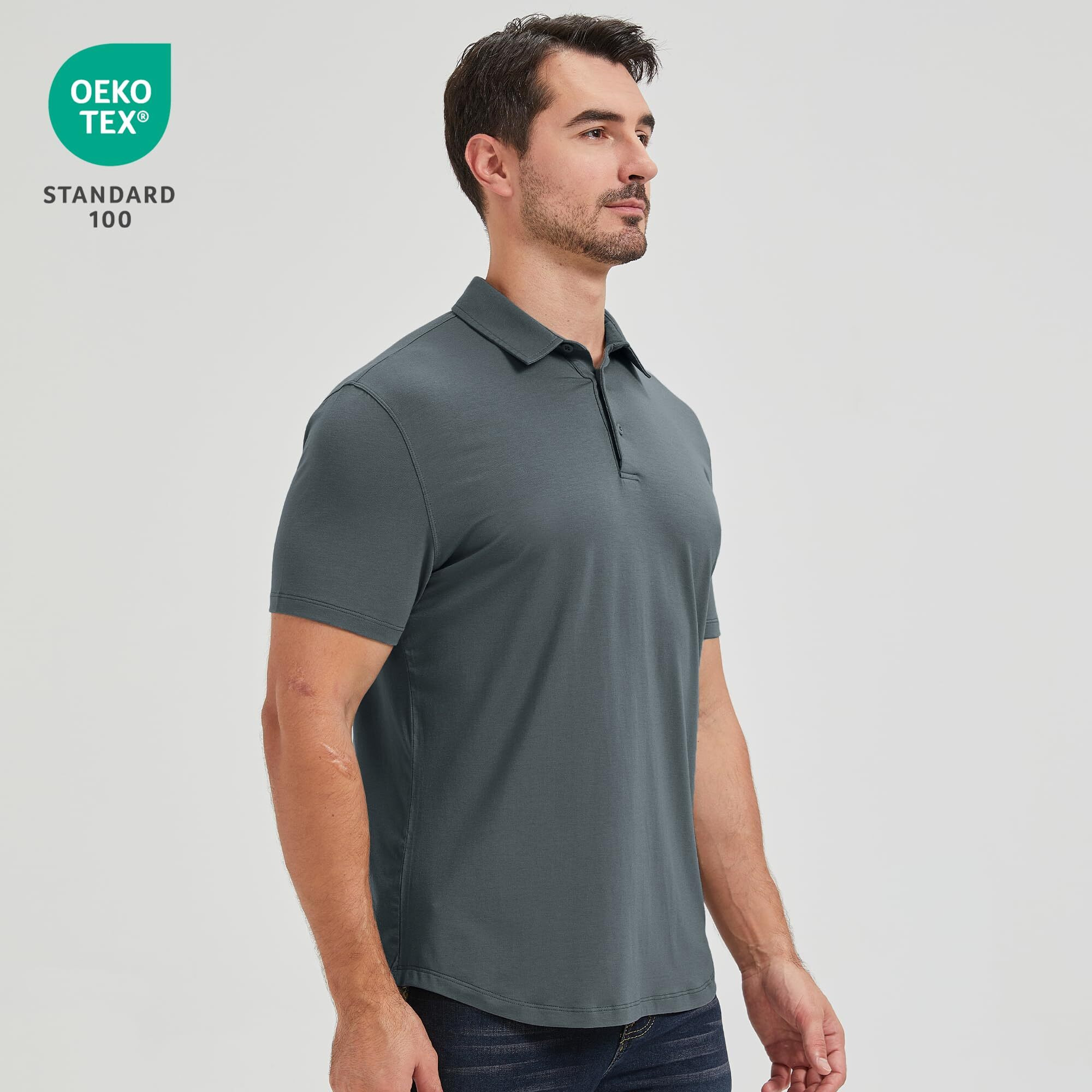 Netdraw Mens Ultra Soft Bamboo Viscose Polo Curved Hem Upf 50+ Casual Collared Golf Shirt, Black/Olive Green/Oil Grey, Large