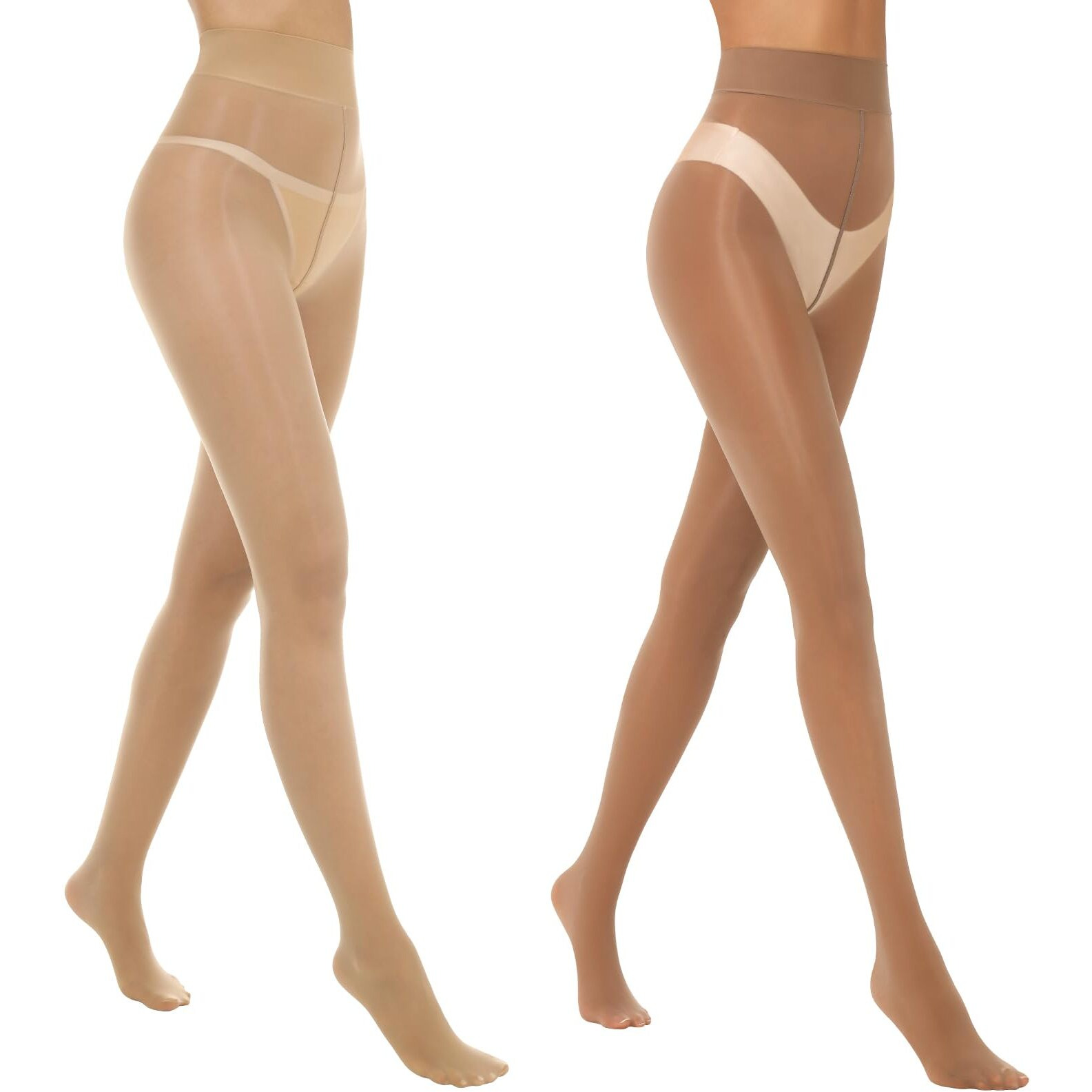 Manzi 2 Pairs Women's Shiny Sheer Pantyhose Gloss Tights High Waist Nylons Silk Smooth Oil Shimmer Stockings Tights Natural Brown S-M